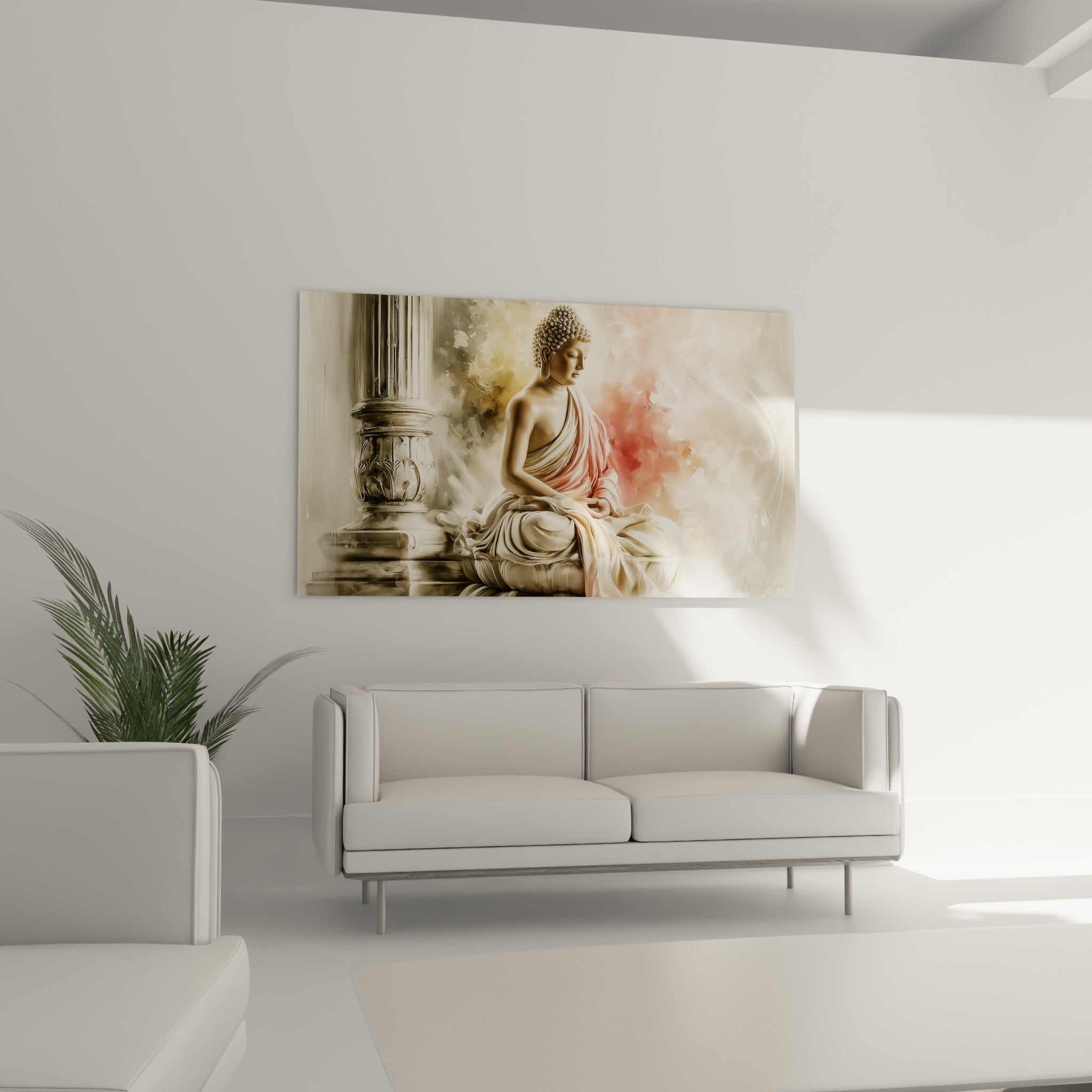 Statue de Bouddha méditant en camaïeu rose et beige, suspendue au-dessus d'un canapé dans un salon lumineux