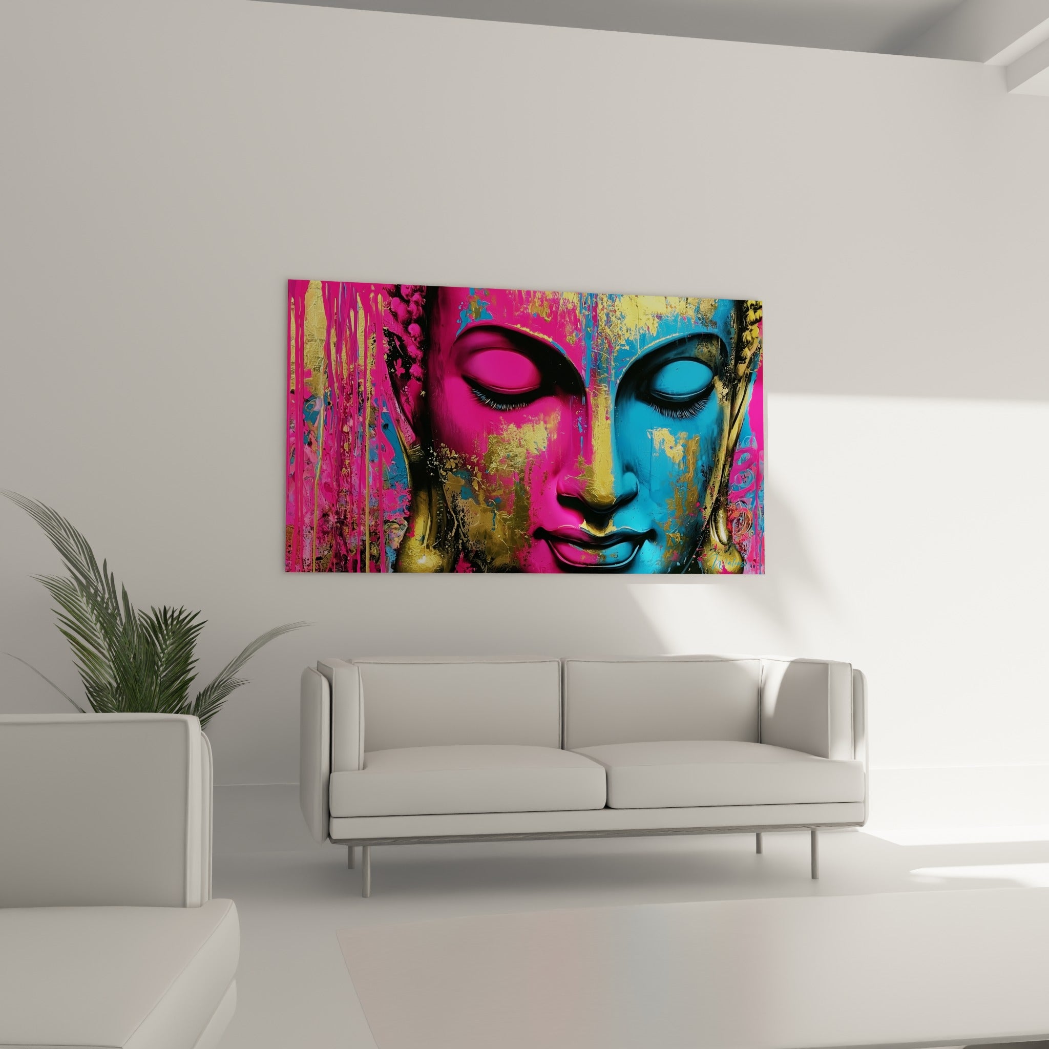 Méditation colorée en fuchsia et turquoise, tableau de Bouddha suspendu au-dessus d'un canapé dans un salon lumineux