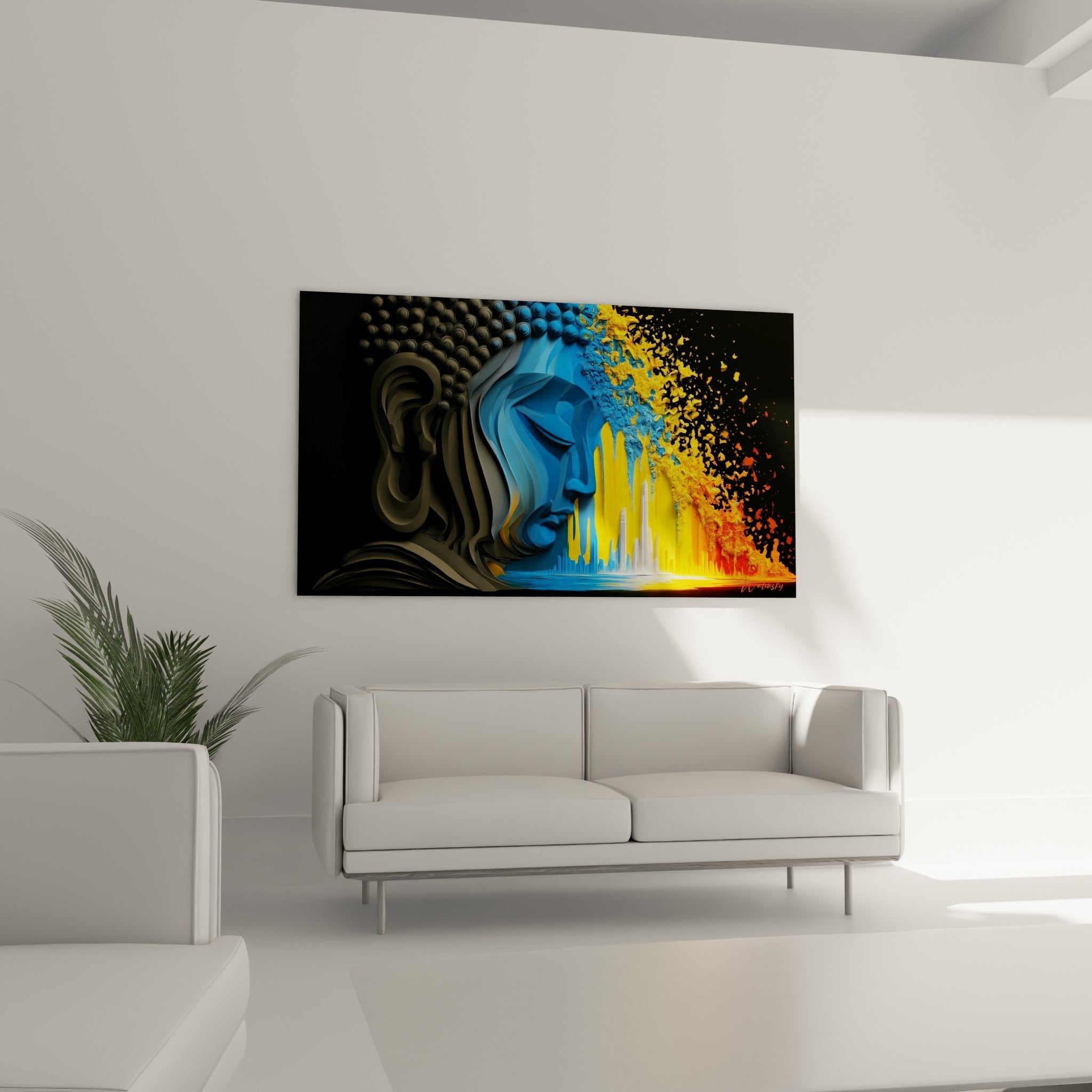 Méditation du Bouddha aux tons dorés et bleu marine, suspendue au-dessus d'un canapé dans un salon lumineux
