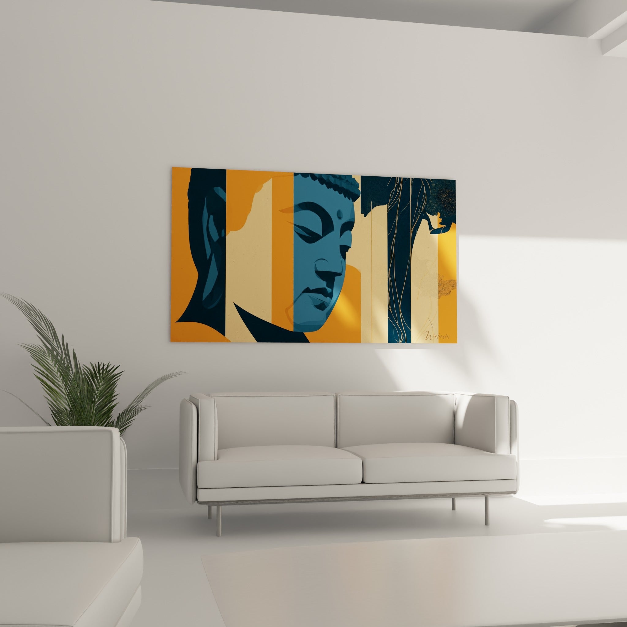 Bouddha en aplats bleu marine et orange vif, silhouette dorée en fil, placé au-dessus d'un canapé dans un salon lumineux