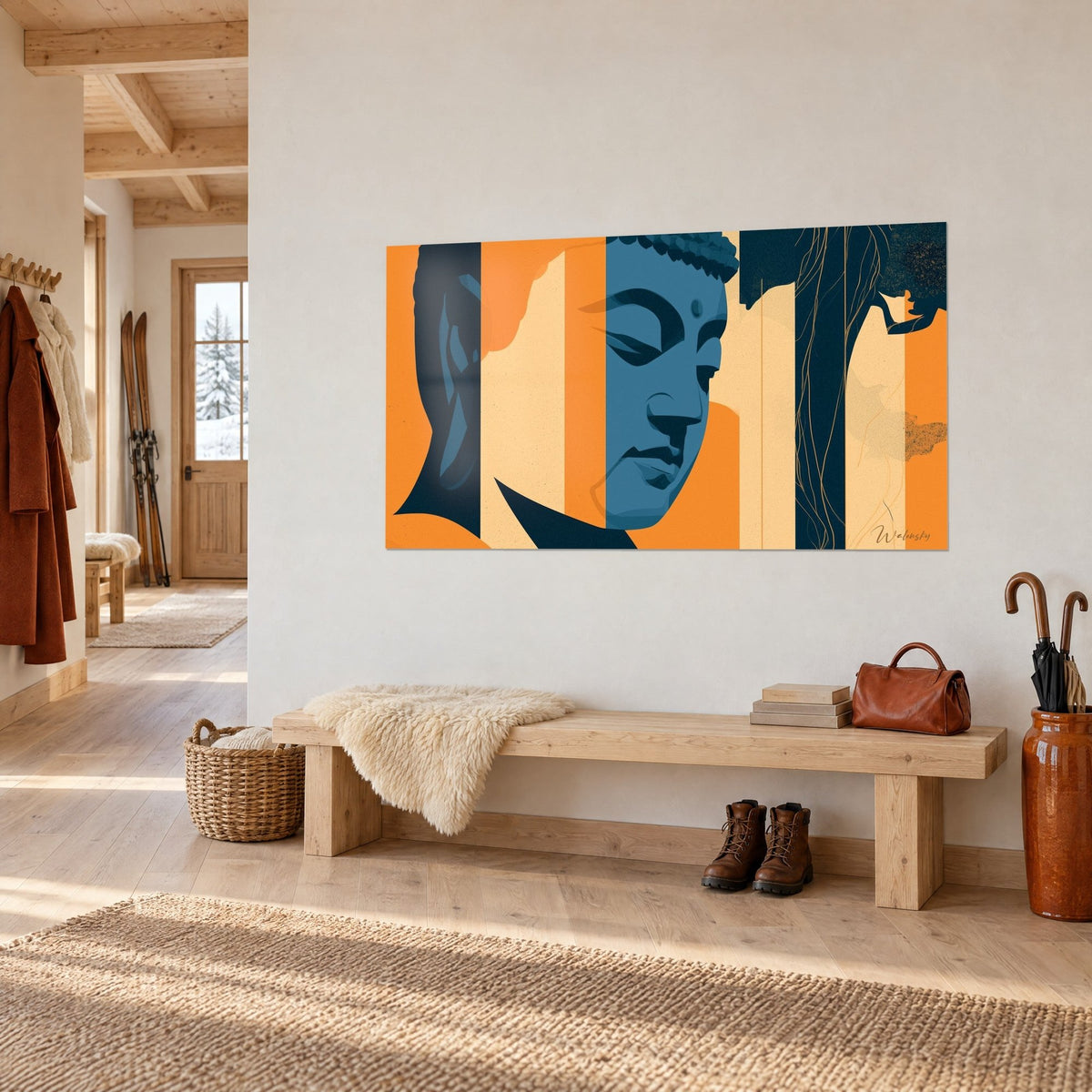 Tableau méditation graphique, profil serein bleu cobalt sur bandes orange vif et crème, mur blanc d'une entrée de chalet