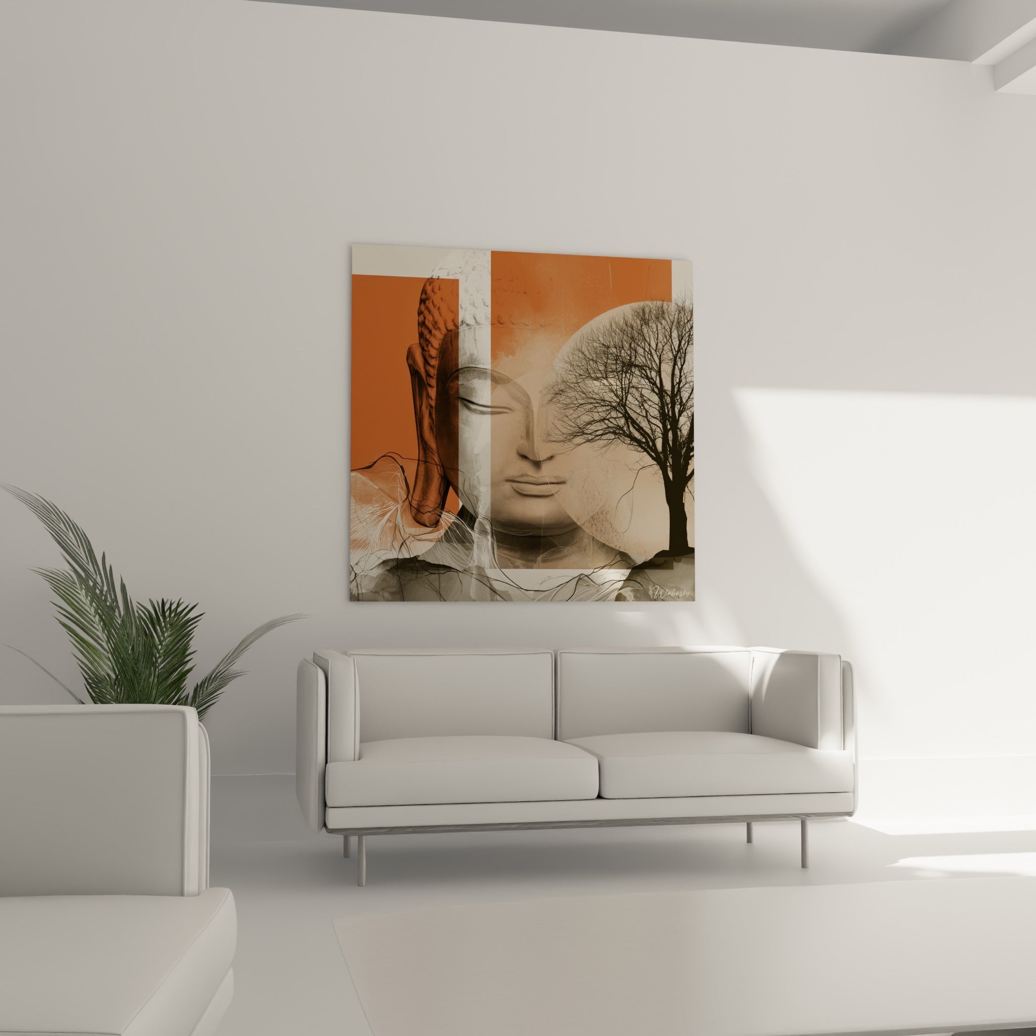 Portrait du Bouddha entre terracotta et gris accroché au-dessus d'un canapé dans un salon lumineux
