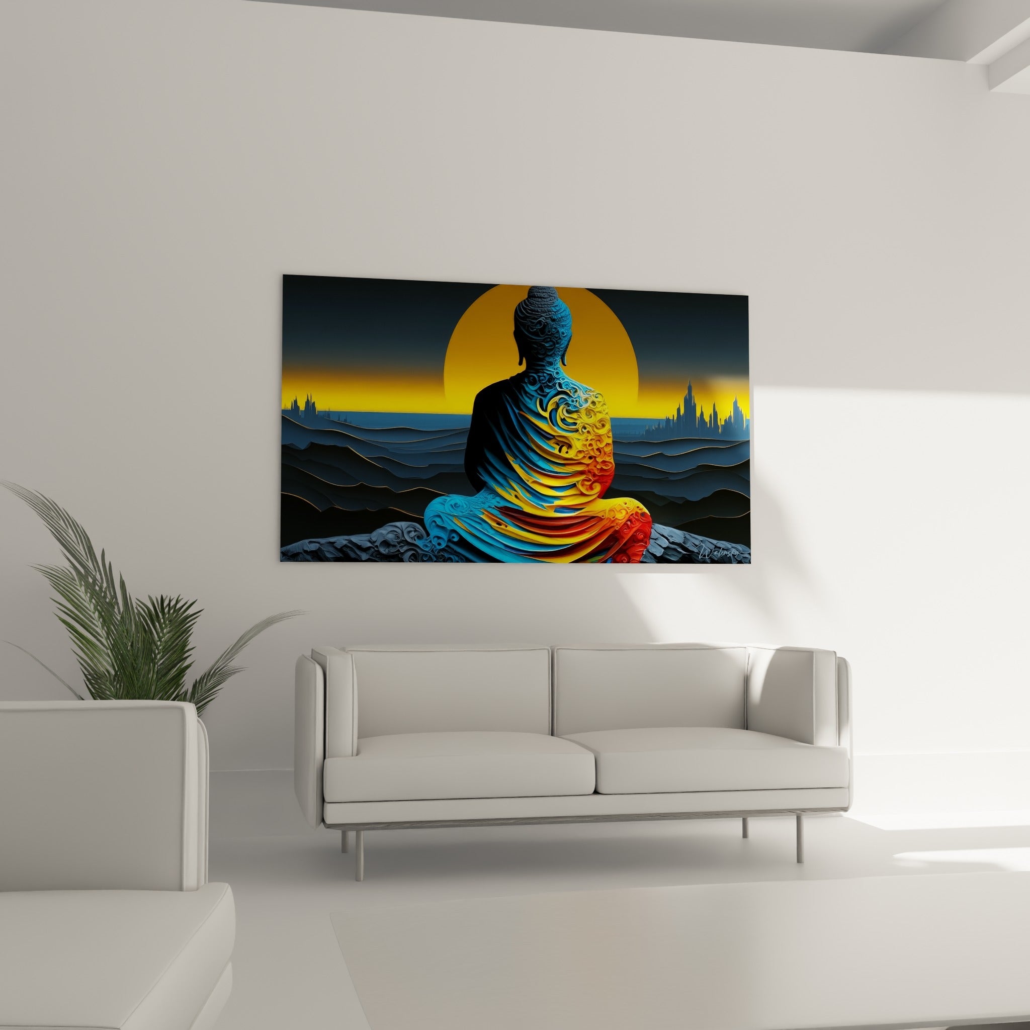 Figure sculptée du Bouddha en tons bleu marine et dorés, au-dessus d'un canapé dans un salon lumineux