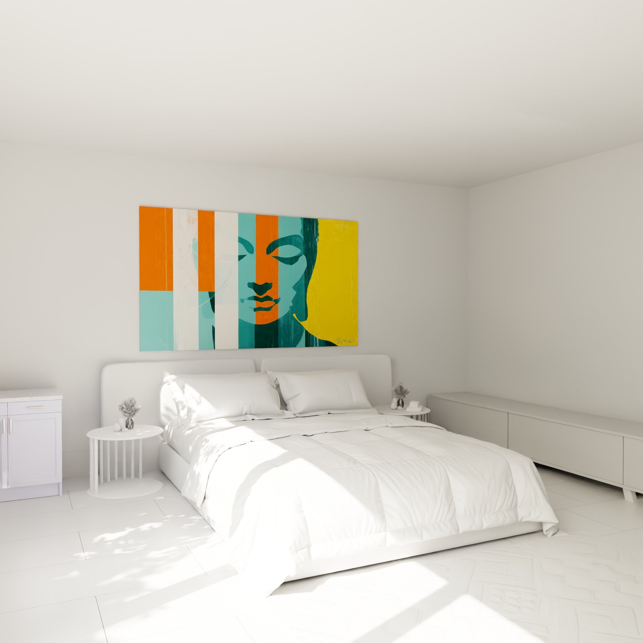 Visage de Bouddha serein en turquoise et jaune vif, accroché au-dessus d'un lit dans une chambre claire