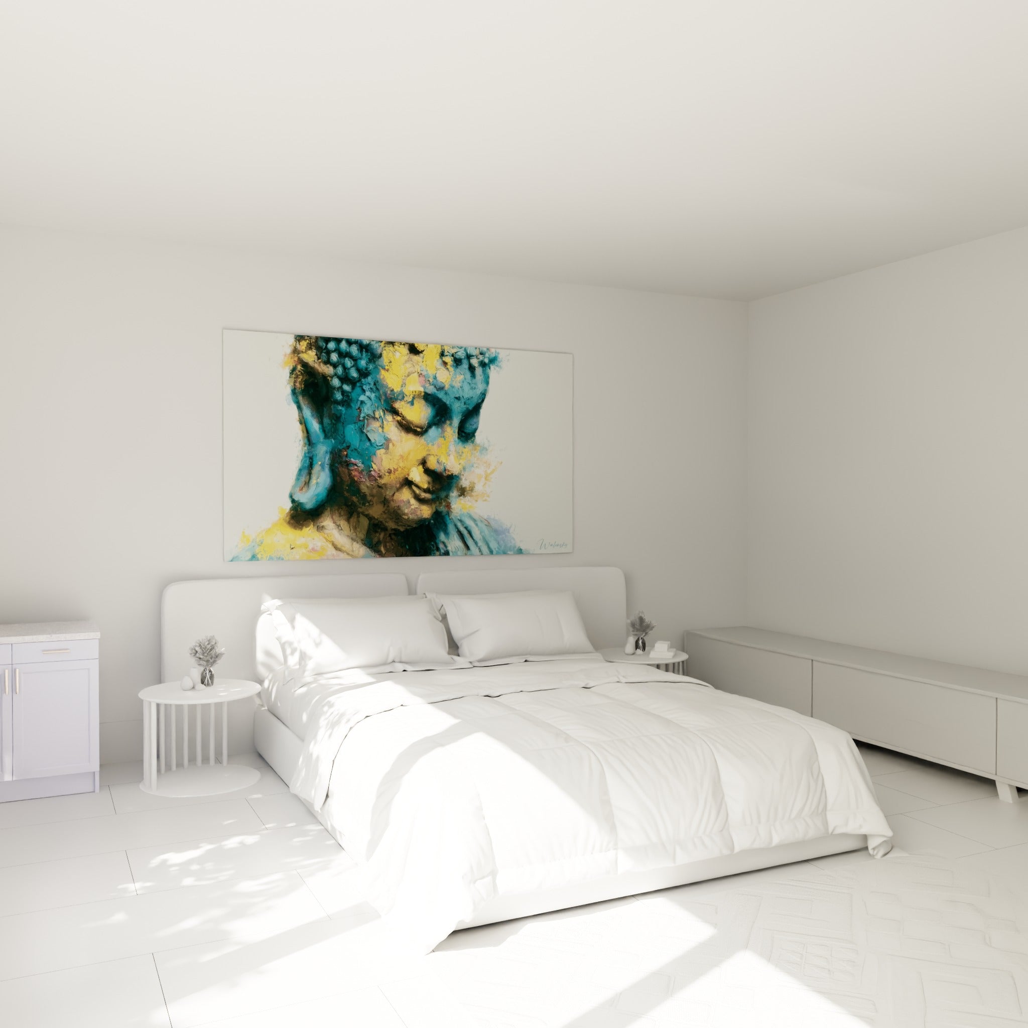 Sérénité du visage de Bouddha en bleu pétrole et doré, accrochée au-dessus d'un lit dans une chambre claire