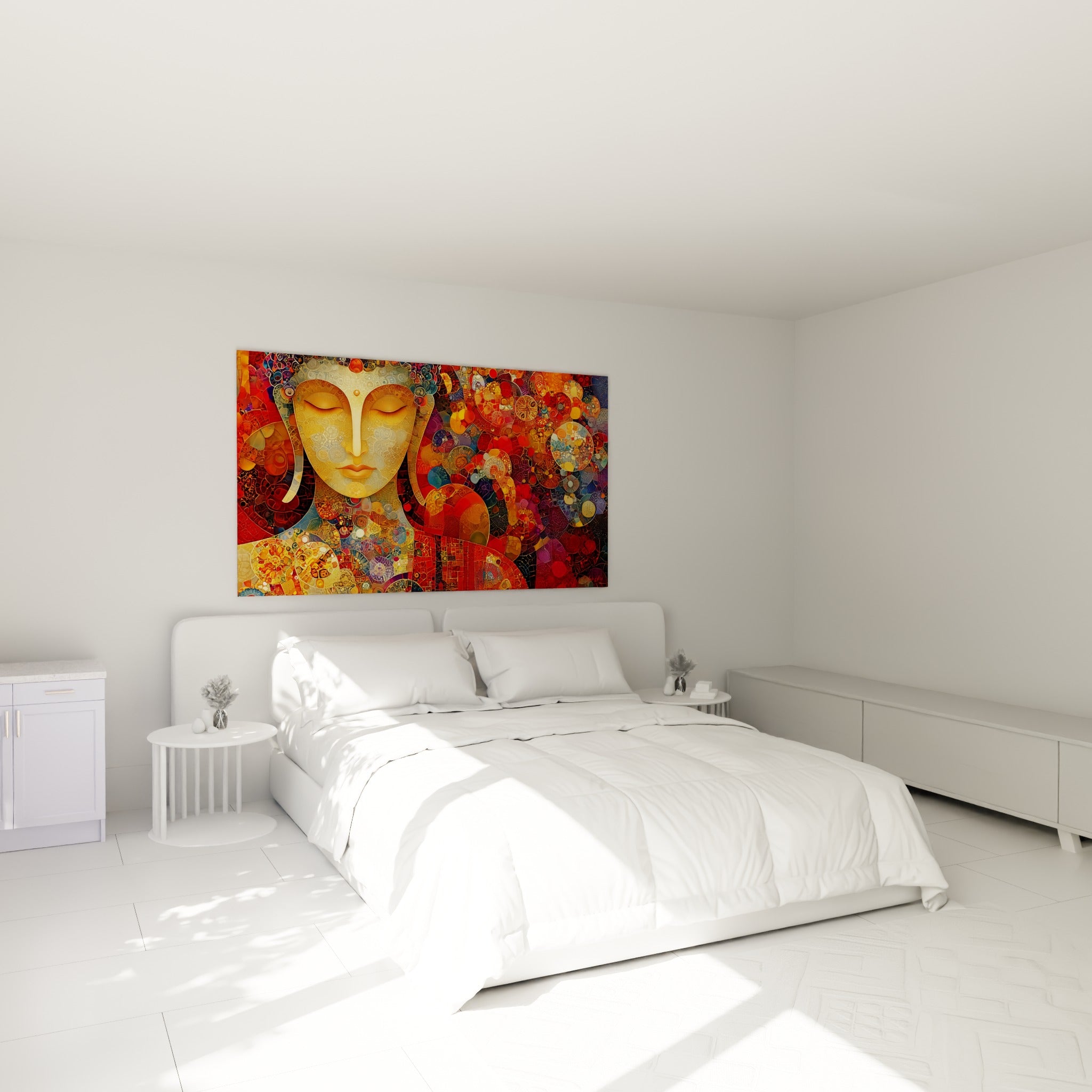 Visage de Bouddha doré aux yeux clos accroché au-dessus d'un lit dans une chambre claire