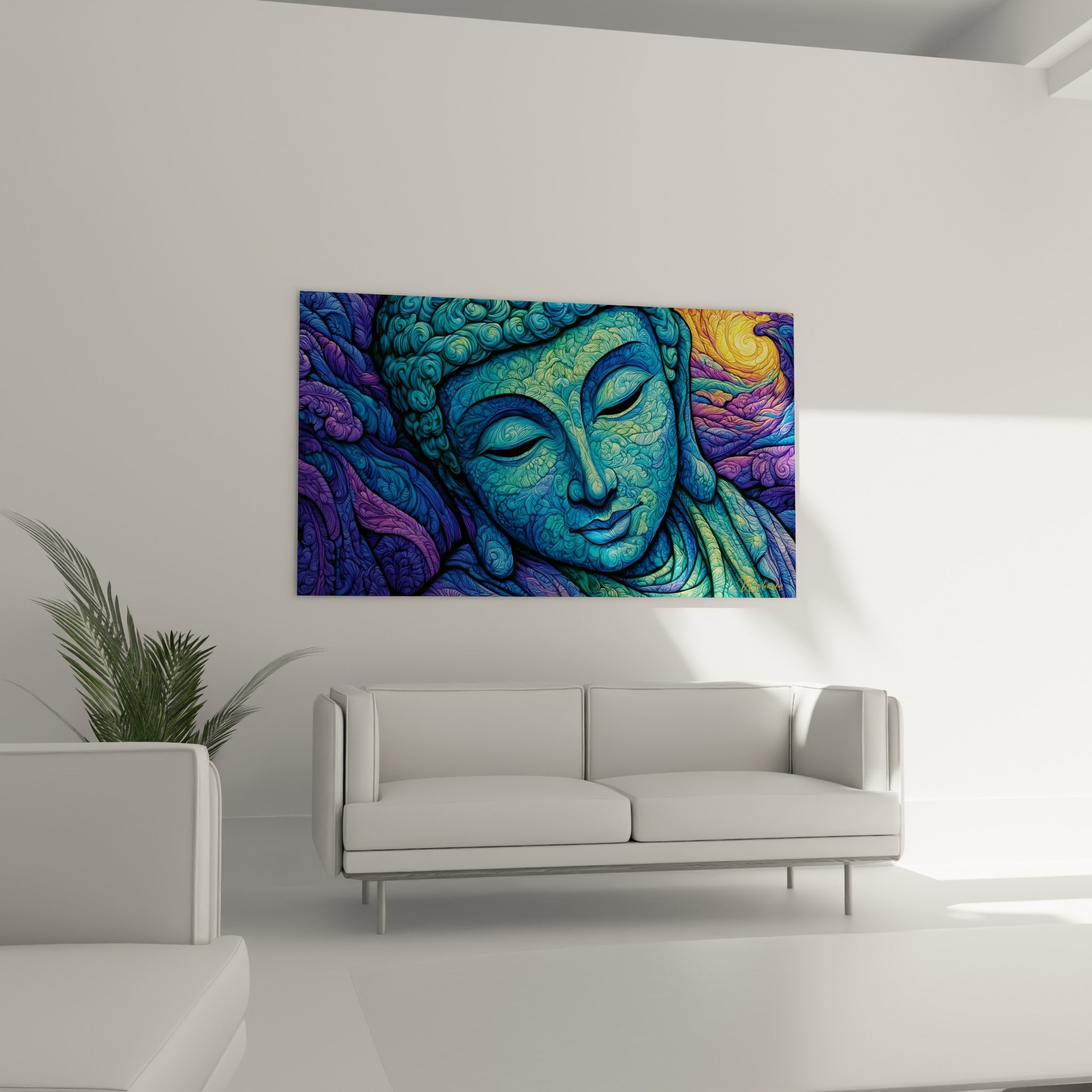Sérénité du Bouddha bleu profond et doré, suspendue au-dessus d'un canapé dans un salon lumineux
