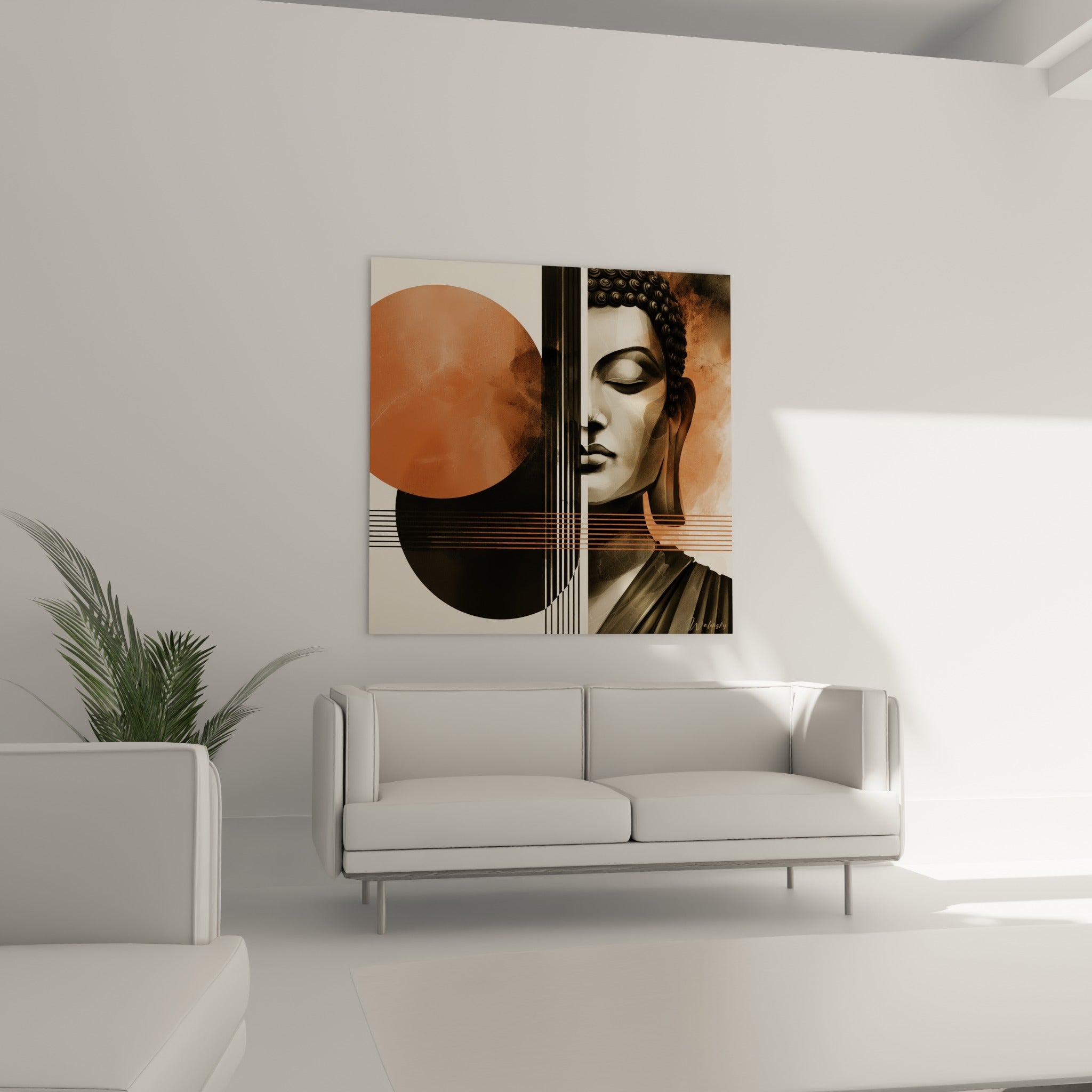 Bouddha méditatif entouré de cercles terracotta et noirs, au-dessus d'un canapé dans un salon lumineux