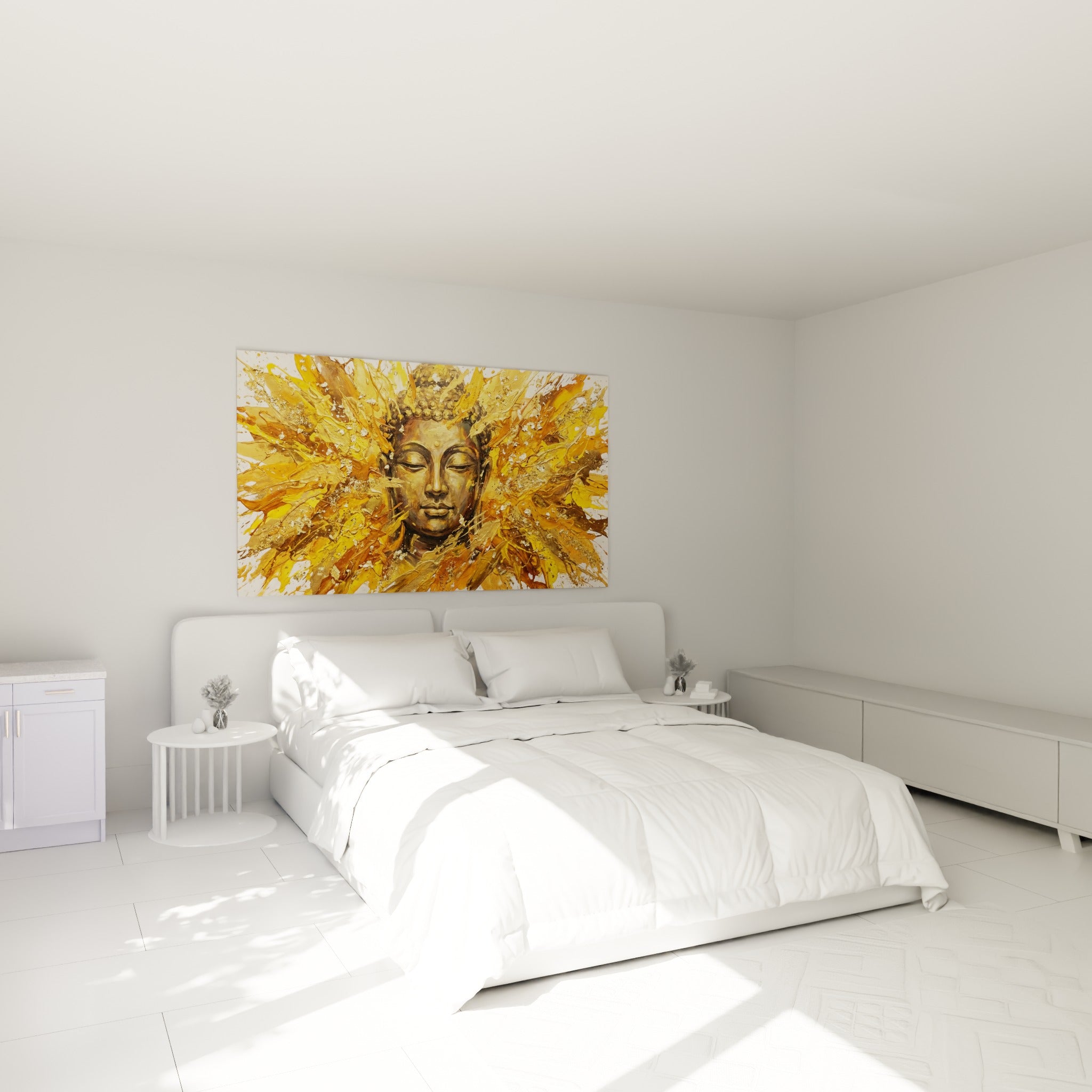 Bouddha serein aux tons dorés et bruns, accroché au-dessus d'un lit dans une chambre claire
