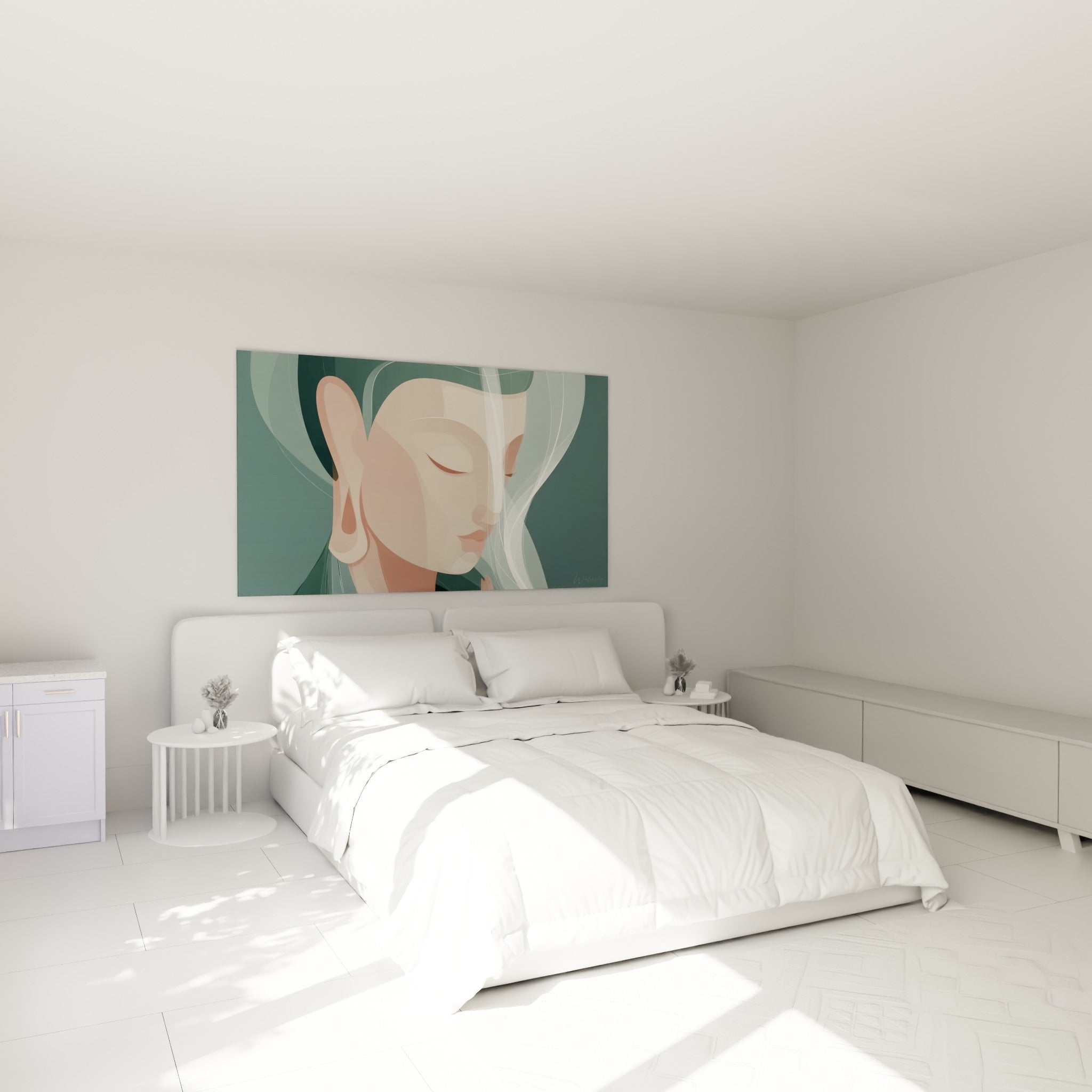 Sérénité incarnée par ce Bouddha pêche et anthracite, accroché au-dessus d'un lit dans une chambre claire