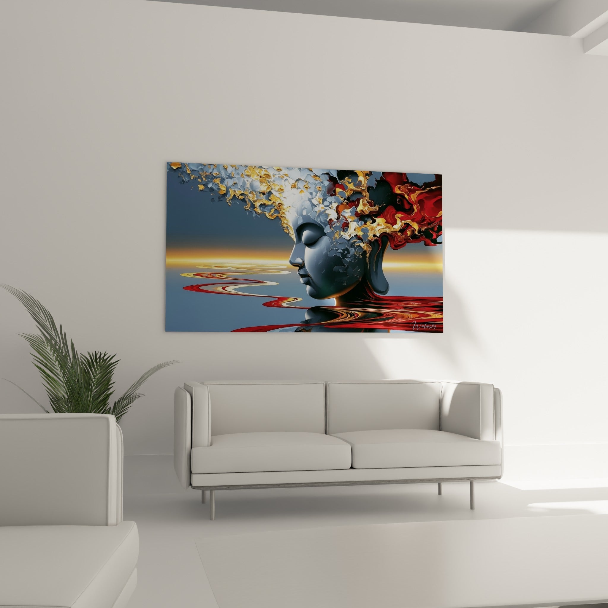 Sérénité du Bouddha bleu-gris entouré de rouge bordeaux, au-dessus d'un canapé dans un salon lumineux