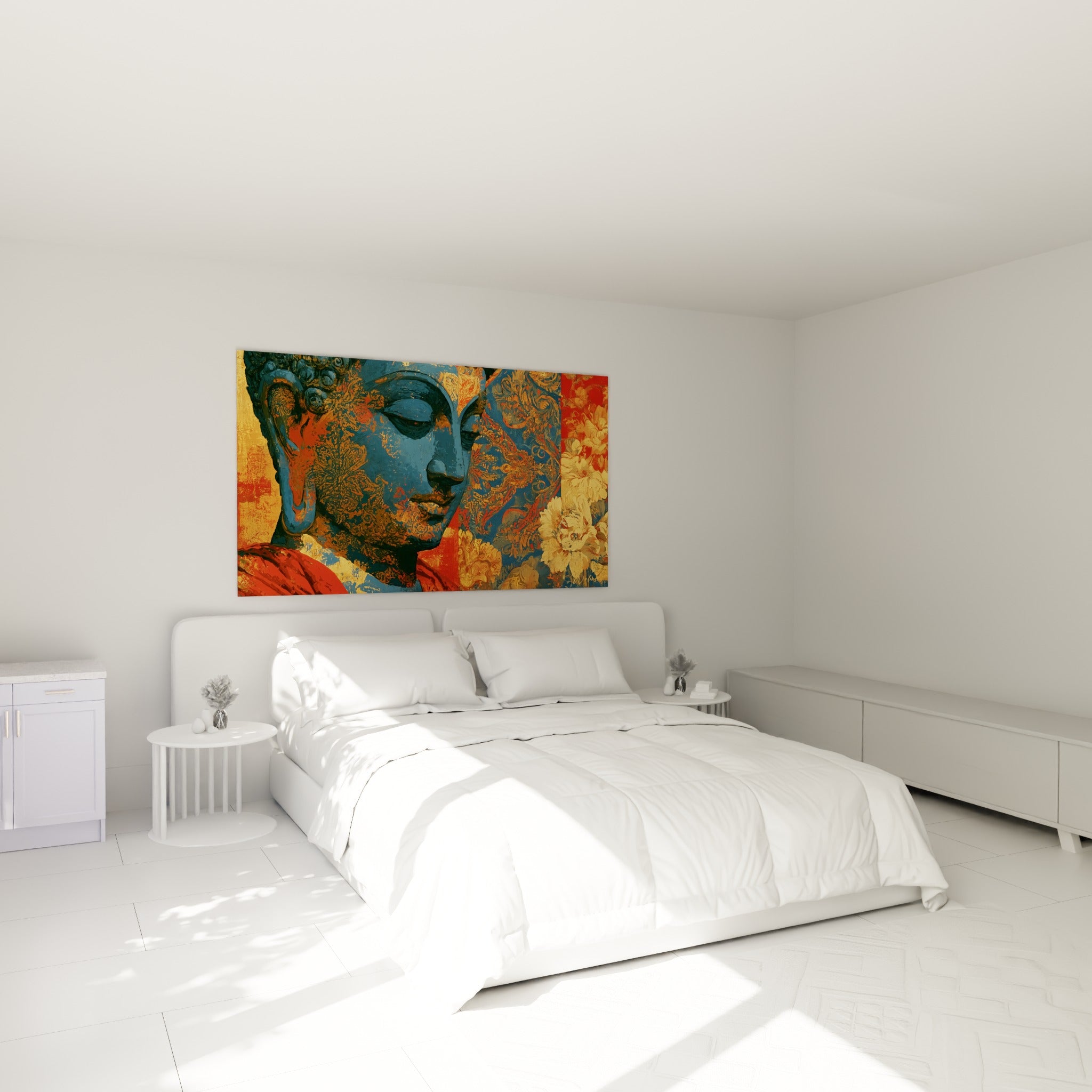 Bouddha serein aux teintes bleu marine et ocre, accroché au-dessus d'un lit dans une chambre claire