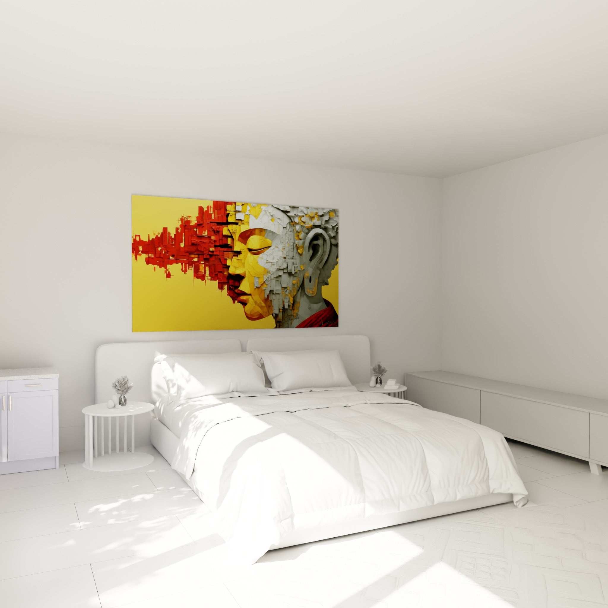 Sérénité dorée du Bouddha à la skyline rouge, accrochée au-dessus d'un lit dans une chambre claire