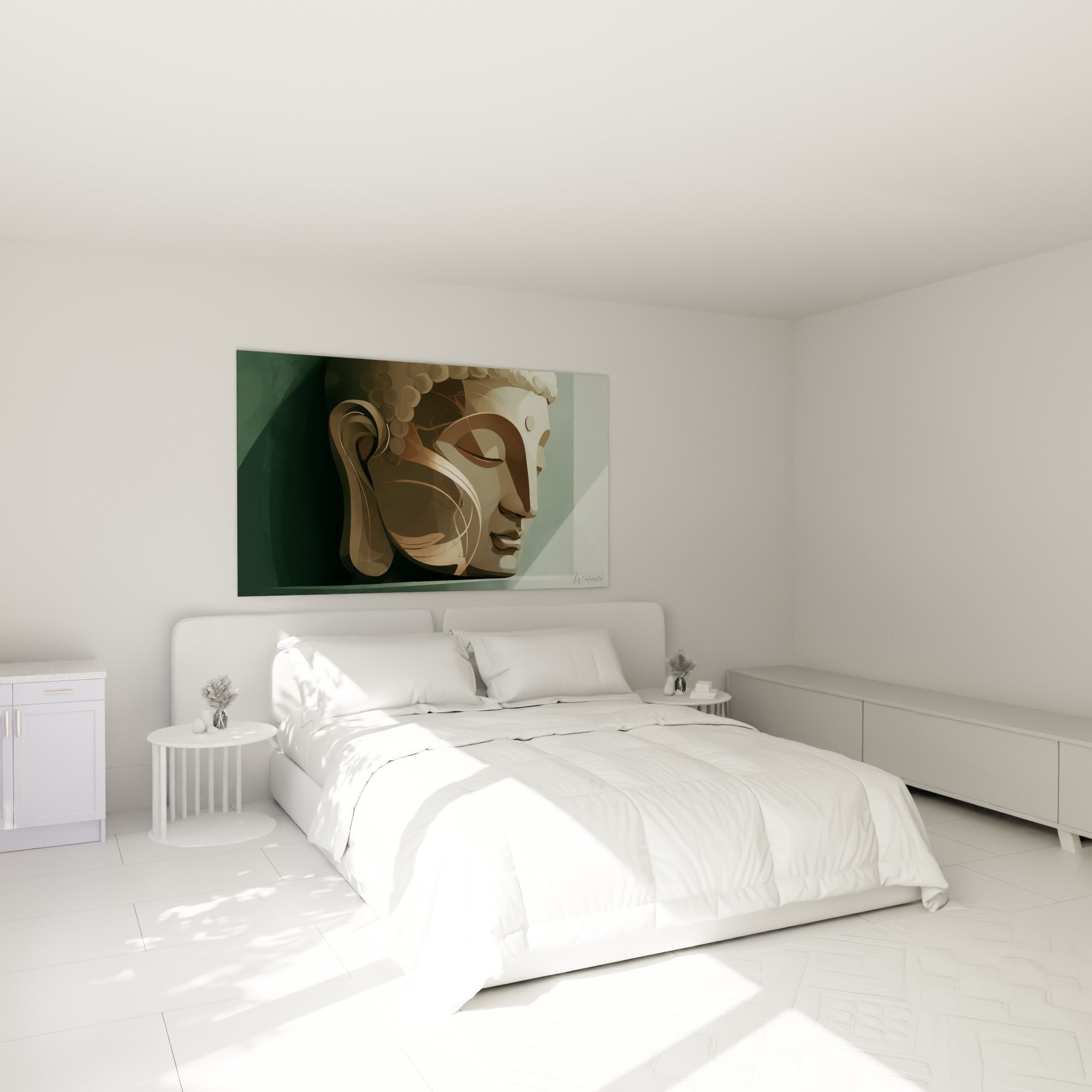 Visage de Bouddha beige et anthracite accroché au-dessus d'un lit dans une chambre claire