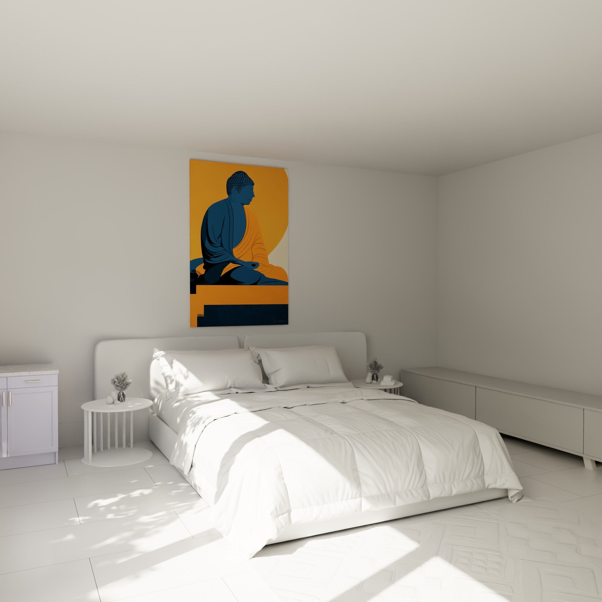 Silhouette de Bouddha bleu et orange en tailleur, accrochée au-dessus d'un lit dans une chambre claire