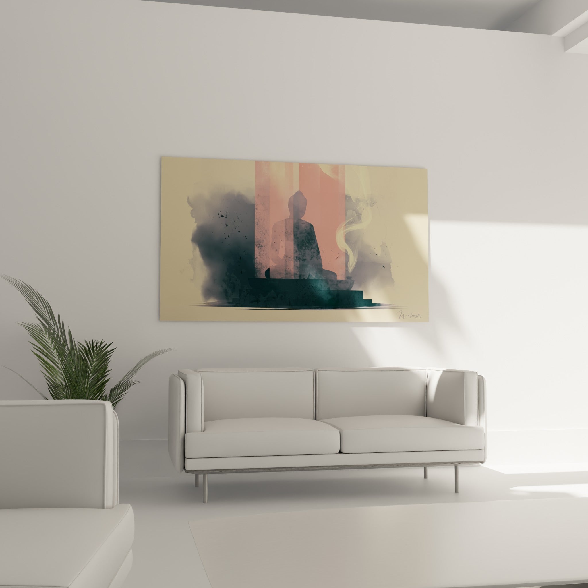 Bouddha en méditation sur fond beige et corail, au-dessus d'un canapé dans un salon lumineux