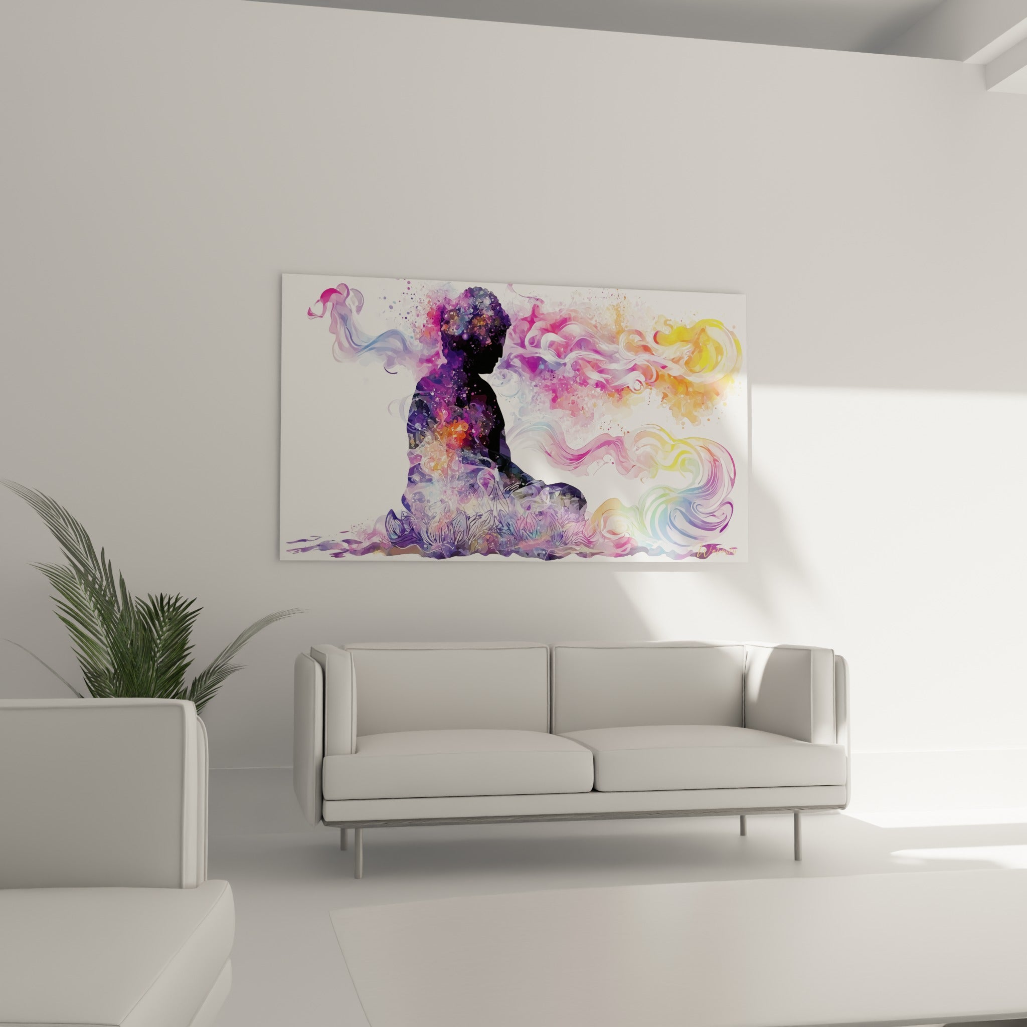 Volutes roses et dorées entourant la silhouette du Bouddha au-dessus d'un canapé dans un salon lumineux