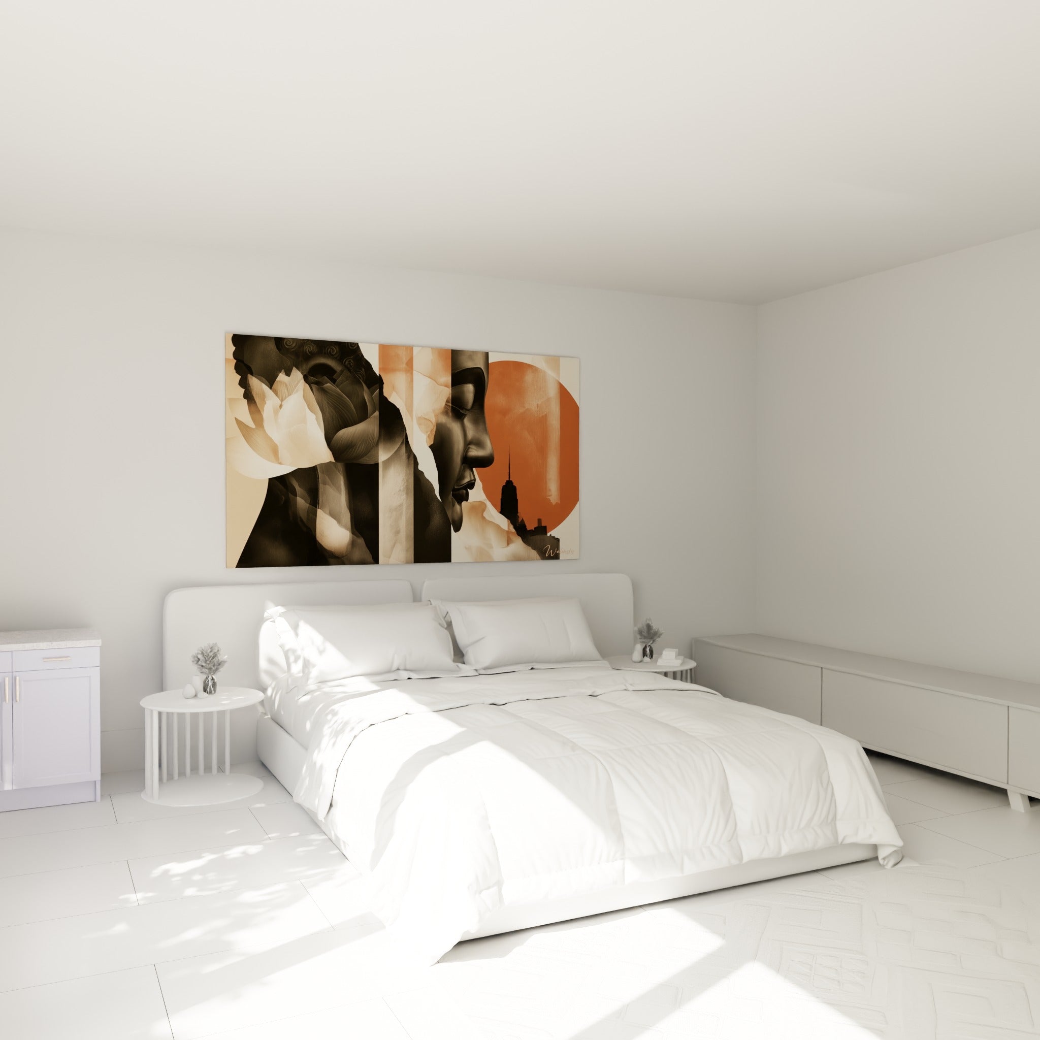 Silhouette du Bouddha aux tons terracotta et anthracite disposée au-dessus d'un lit dans une chambre claire