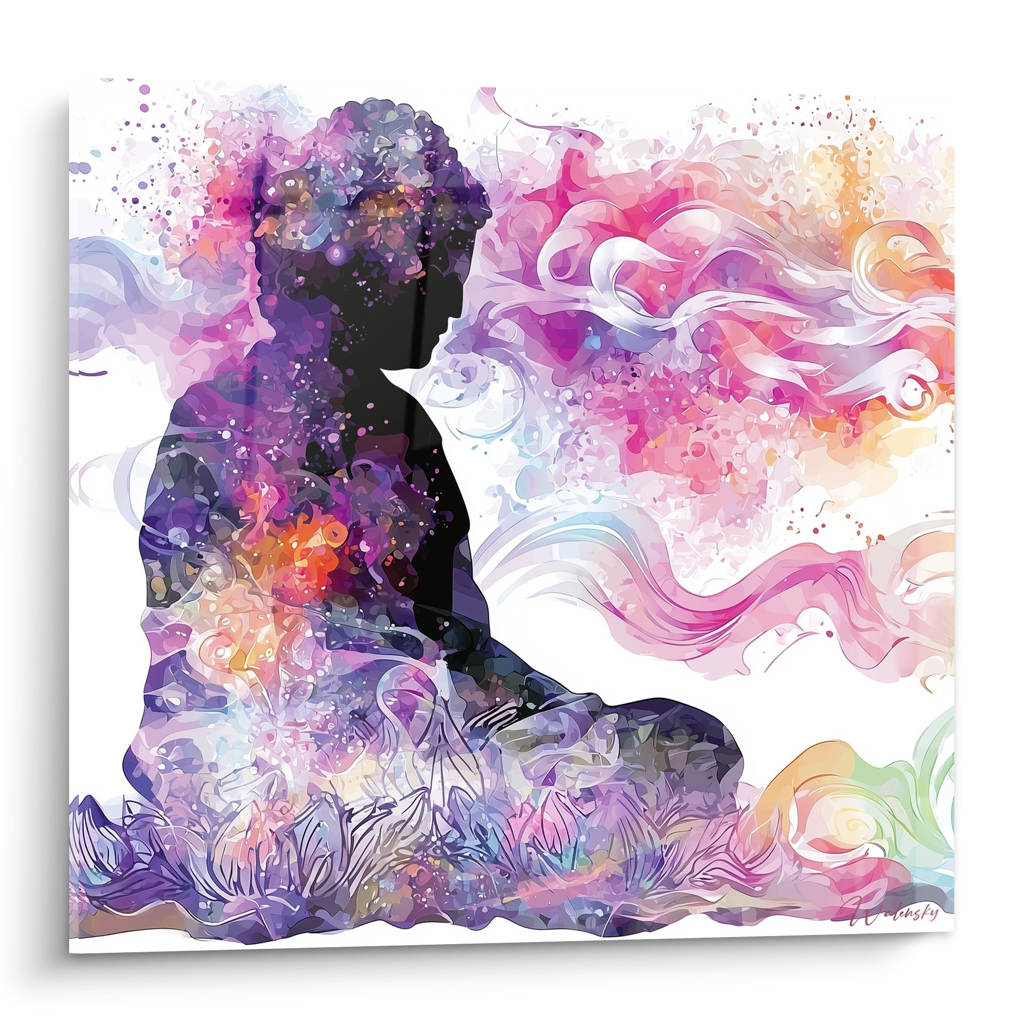 Bouddha en silhouette violette assis, entouré de volutes roses et orangées sur fond blanc