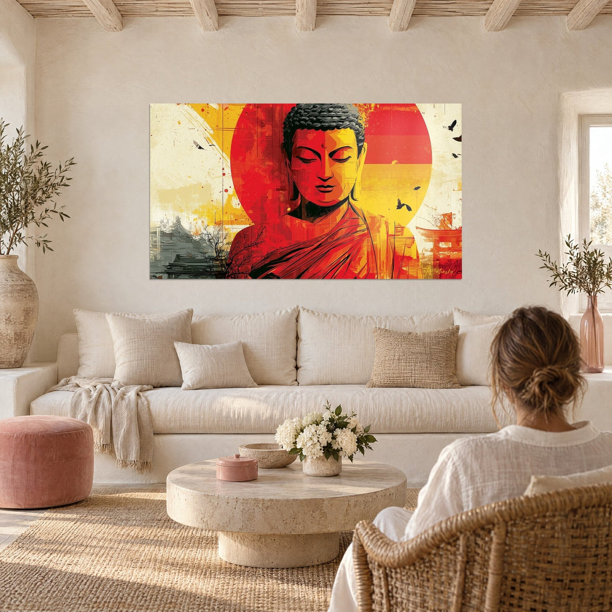 Tableau visage de Bouddha serein, soleil rouge et fond jaune doré, au-dessus d'un canapé dans un salon lumineux