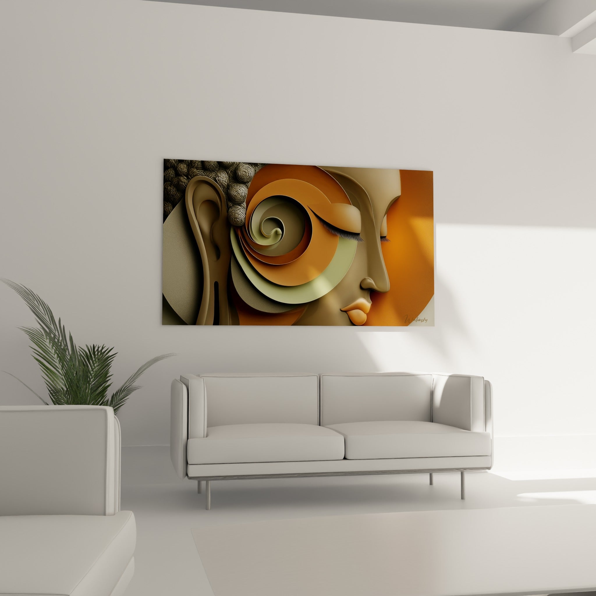Paupière close et spirale orangée du Bouddha graphique, suspendue au-dessus d'un canapé dans un salon lumineux