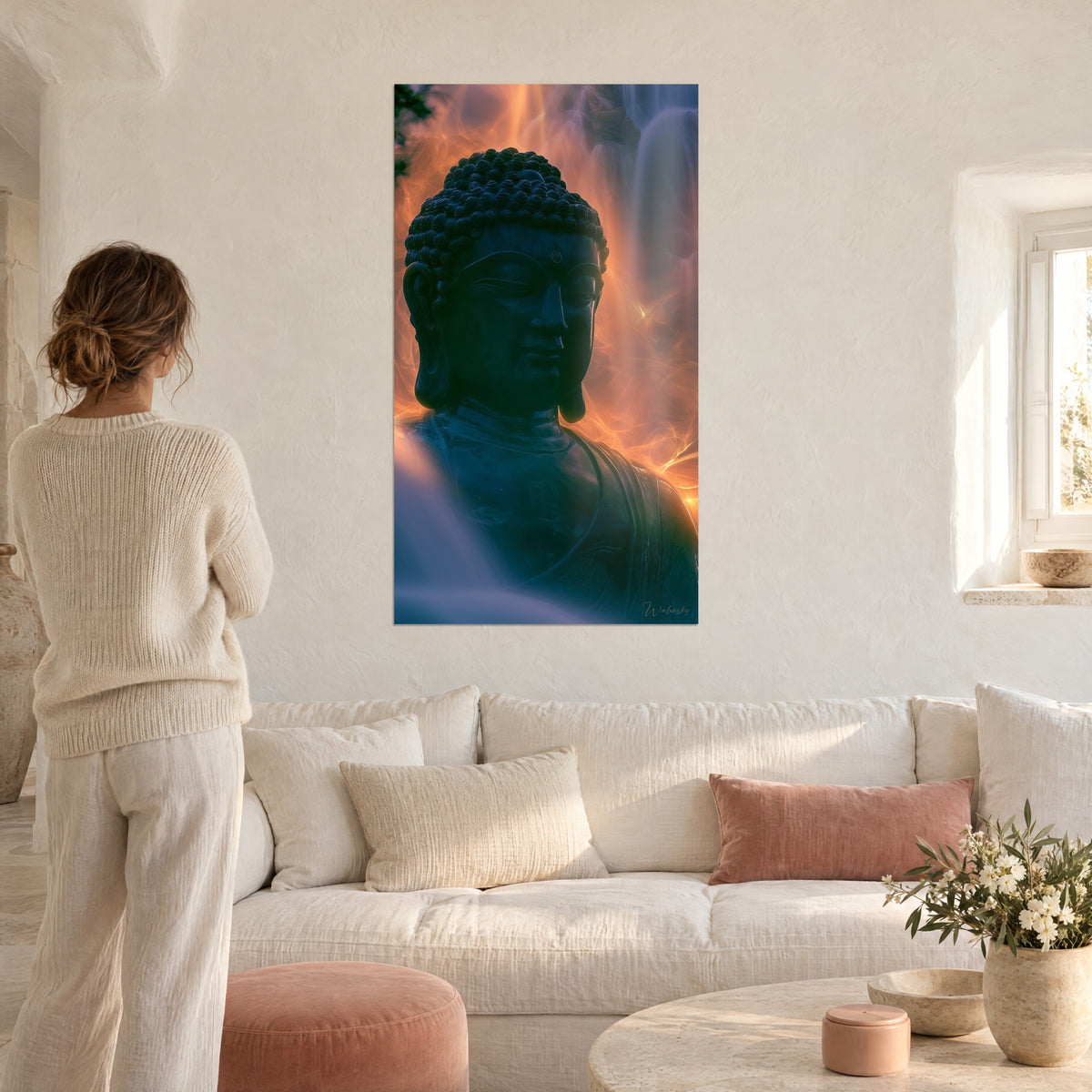 Quadro Buddha di bronzo scuro drappeggiato di fiamme arancio e blu ghiacciaio, visto di spalle da una donna sopra un divano in un soggiorno luminoso