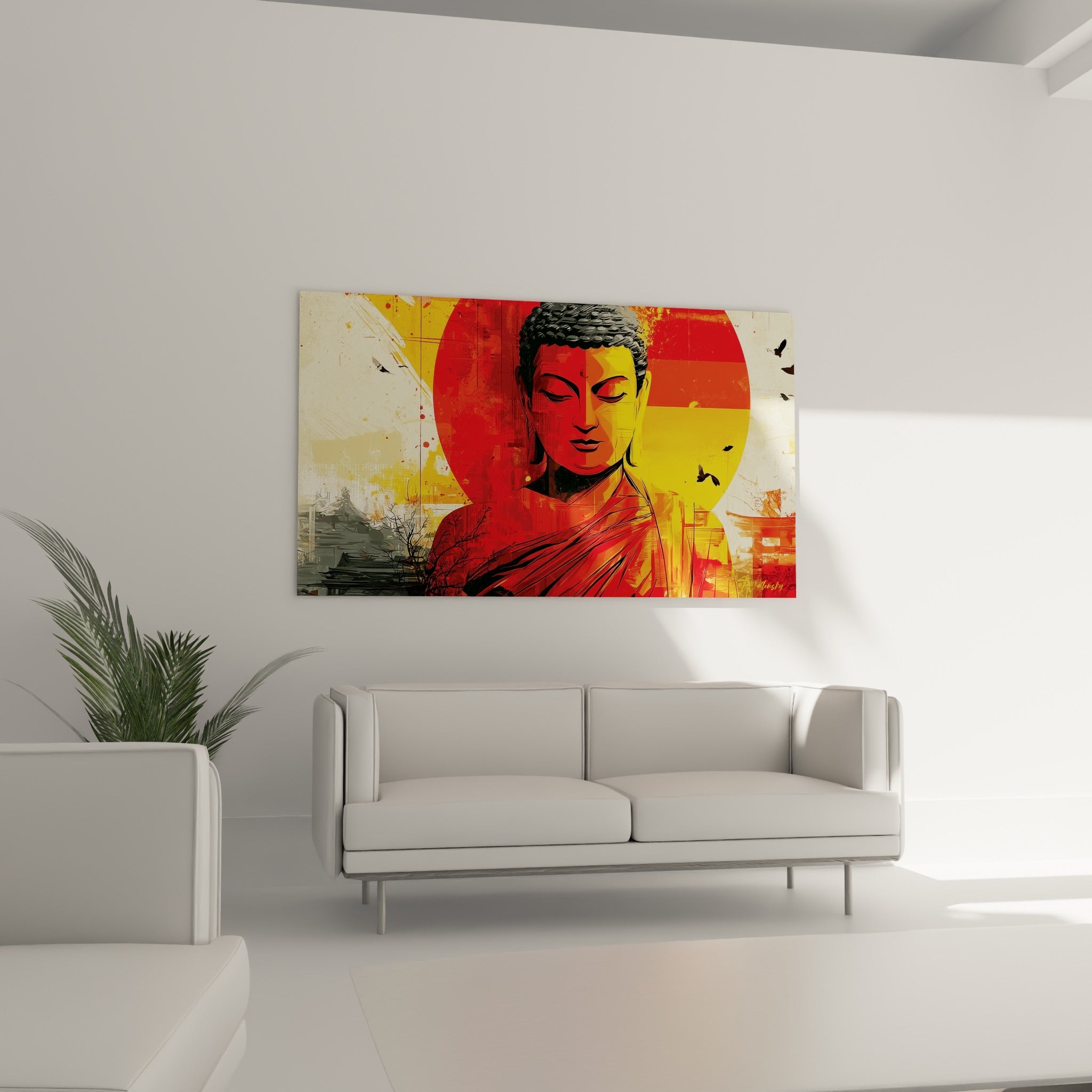 Bouddha méditant sous un soleil rouge, temple gris en arrière-plan, au-dessus d'un canapé dans un salon lumineux