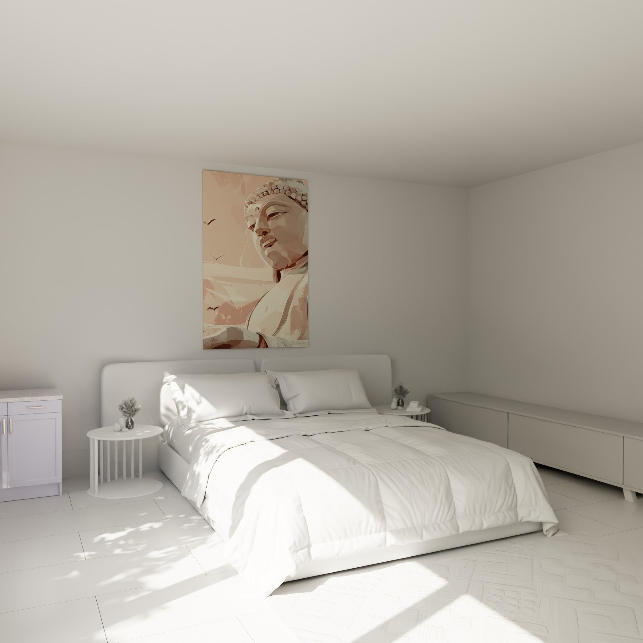 Bouddha stylisé aux nuances crème et corail, accroché au-dessus d'un lit dans une chambre claire