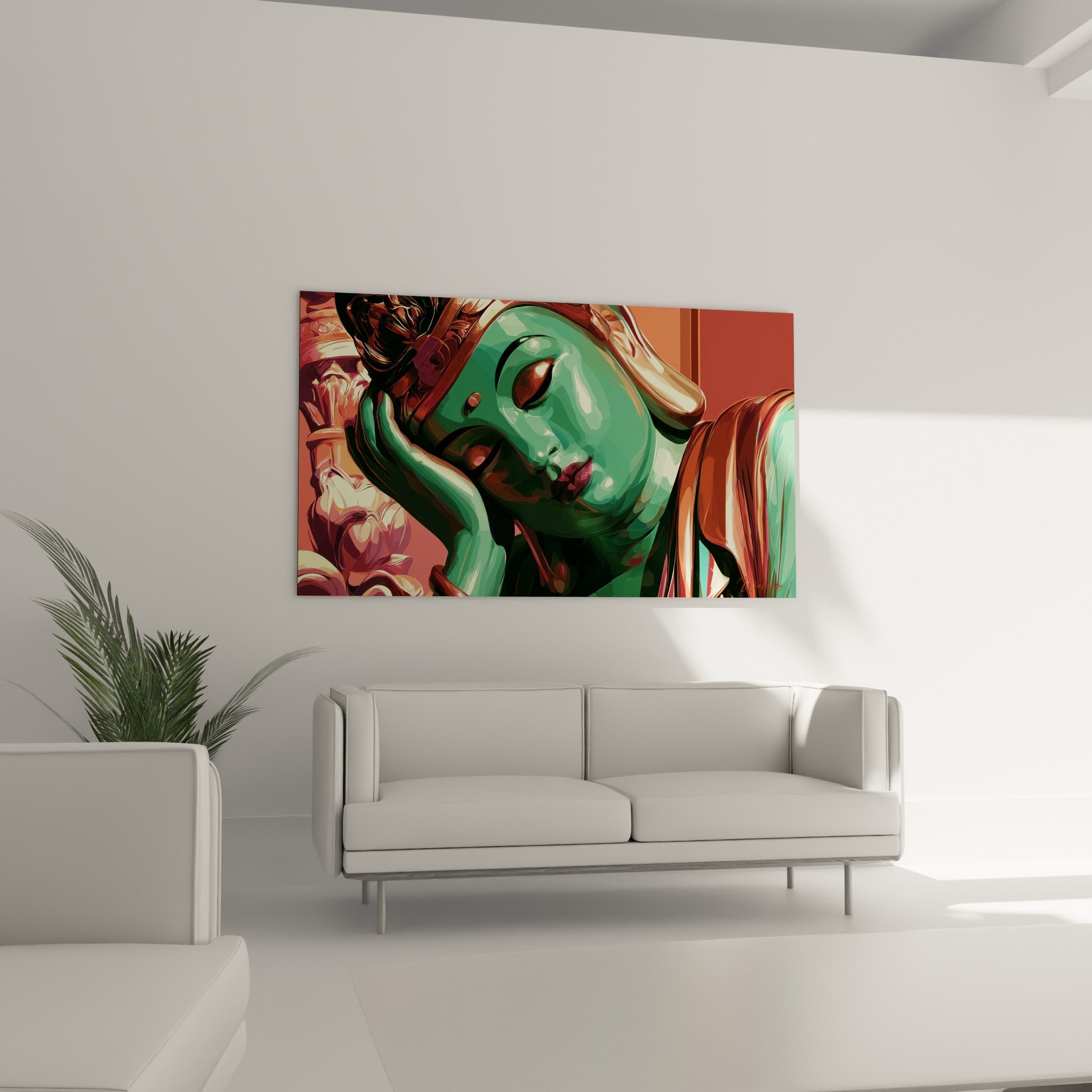 Bouddha jade aux reflets dorés et fond terracotta, au-dessus d'un canapé dans un salon lumineux