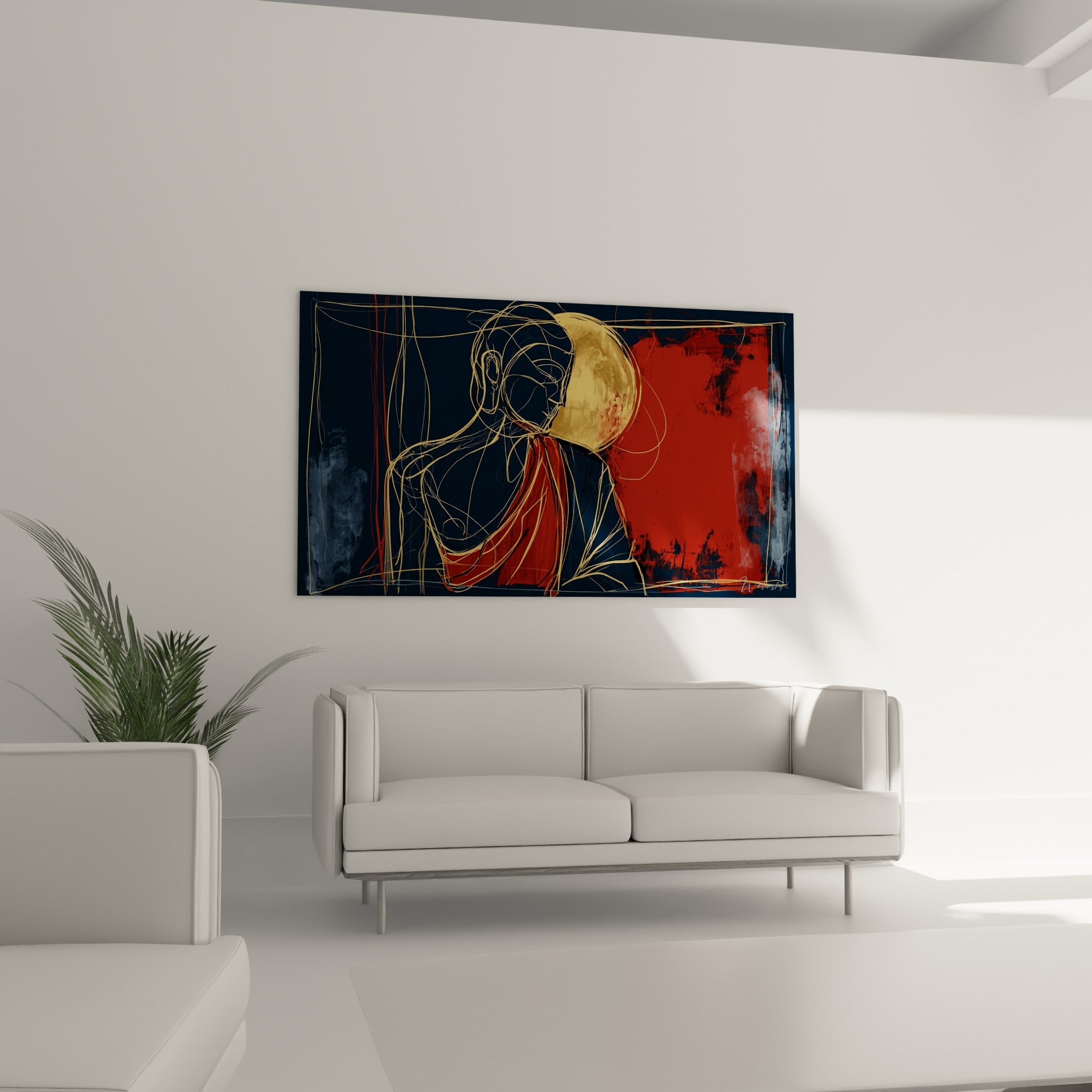 Silhouette de Bouddha tracée en fils dorés et rouge terracotta, au-dessus d'un canapé dans un salon lumineux