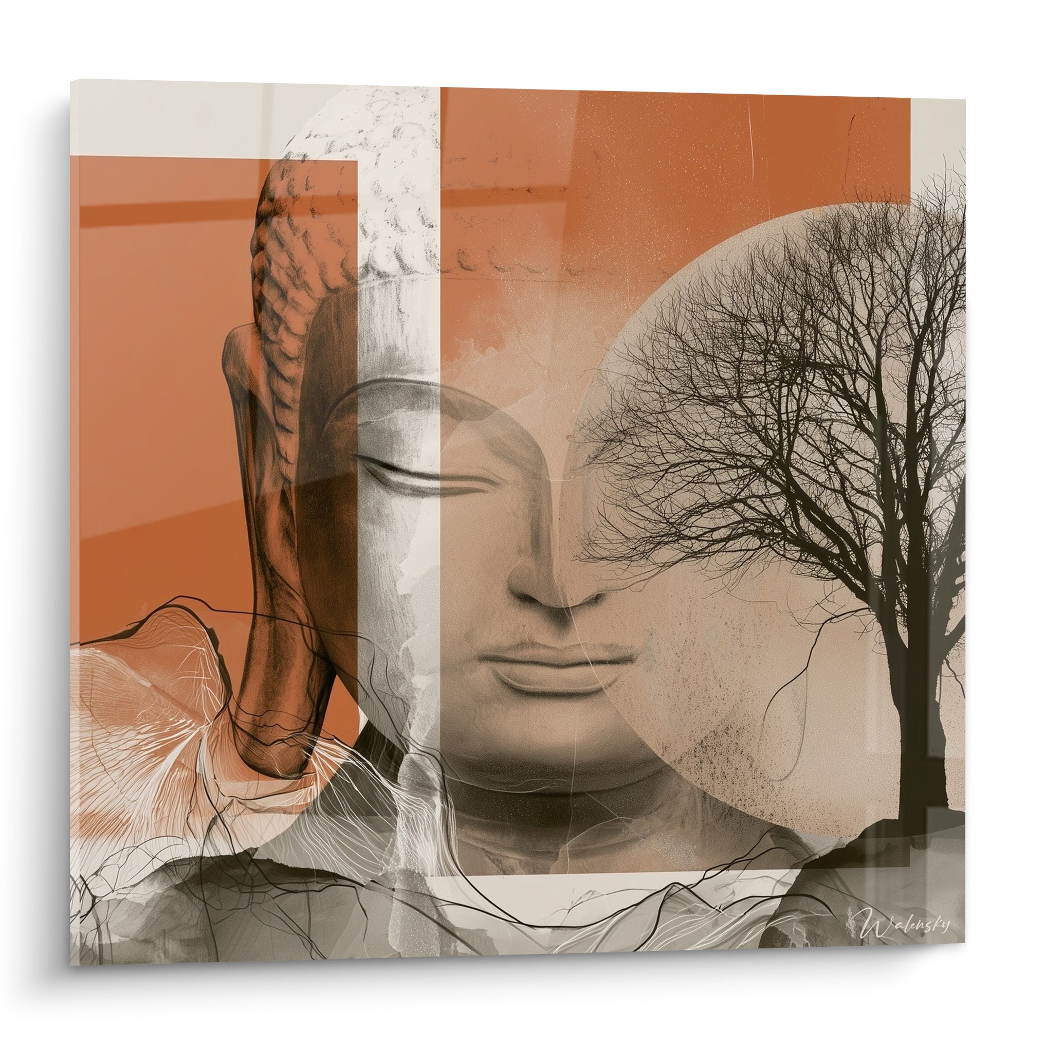 Bouddha aux yeux clos sur fond terracotta et arbre anthracite en silhouette dénudée