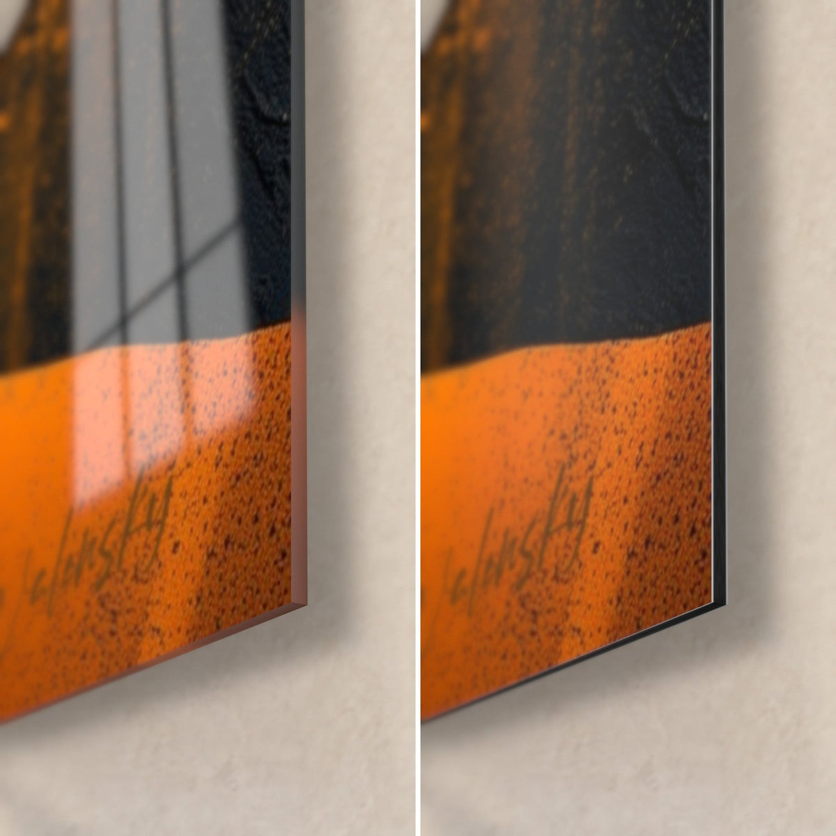 Tableau Bouddha anthracite et orange, coin bas droit : verre acrylique brillant à gauche, Dibond mat à droite