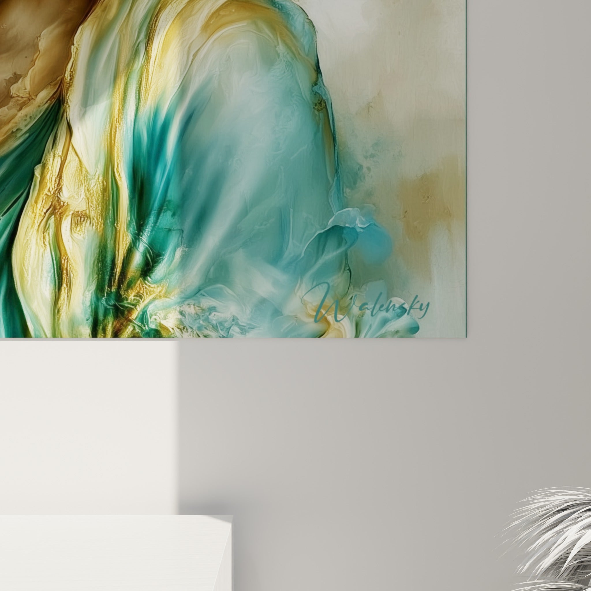 Empâtements dorés et coulures turquoise se mêlant en surface, matière picturale dense et lumineuse visible de près