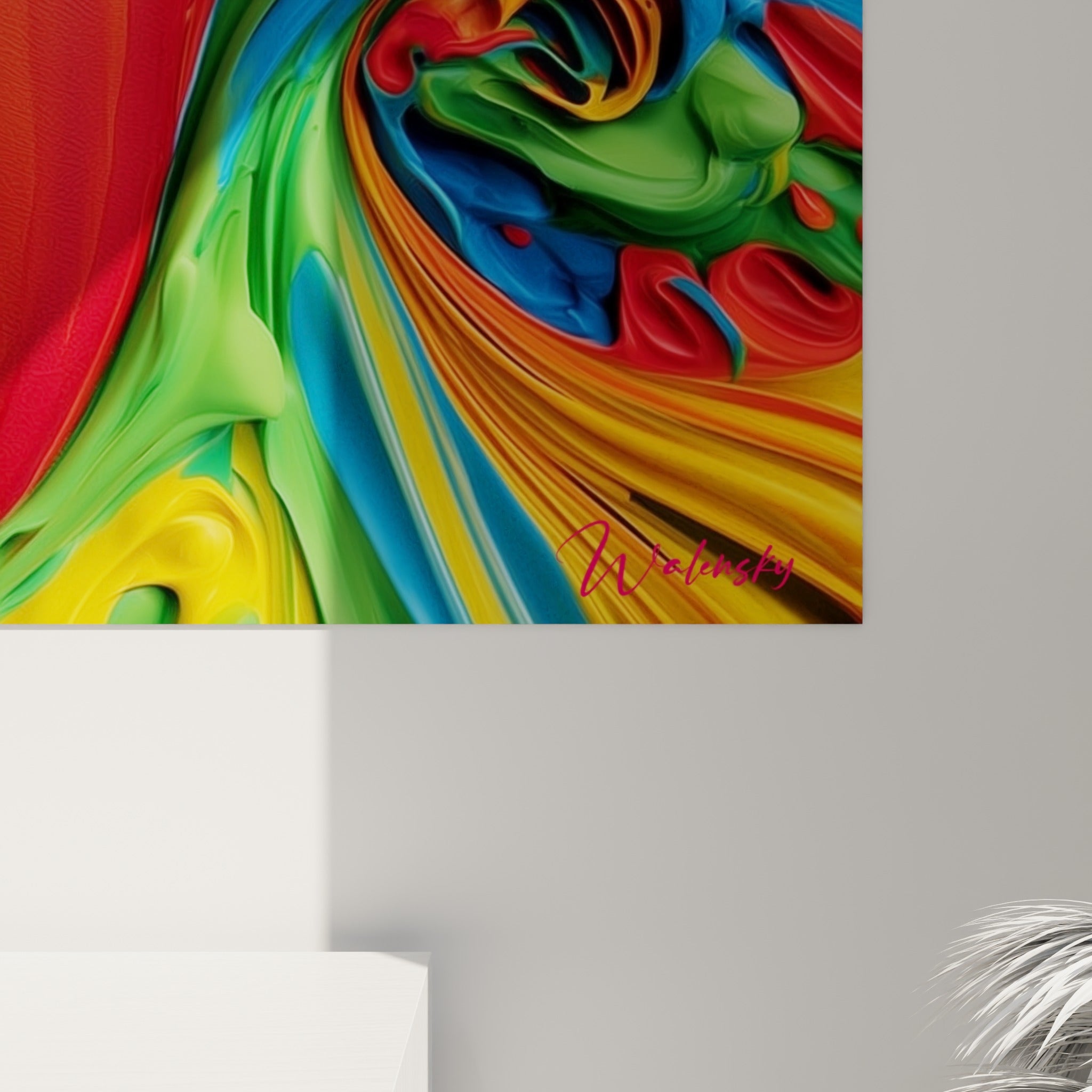 Empâtements colorés du visage du Bouddha, coulures épaisses mêlant rouge, vert et bleu marine sur la toile