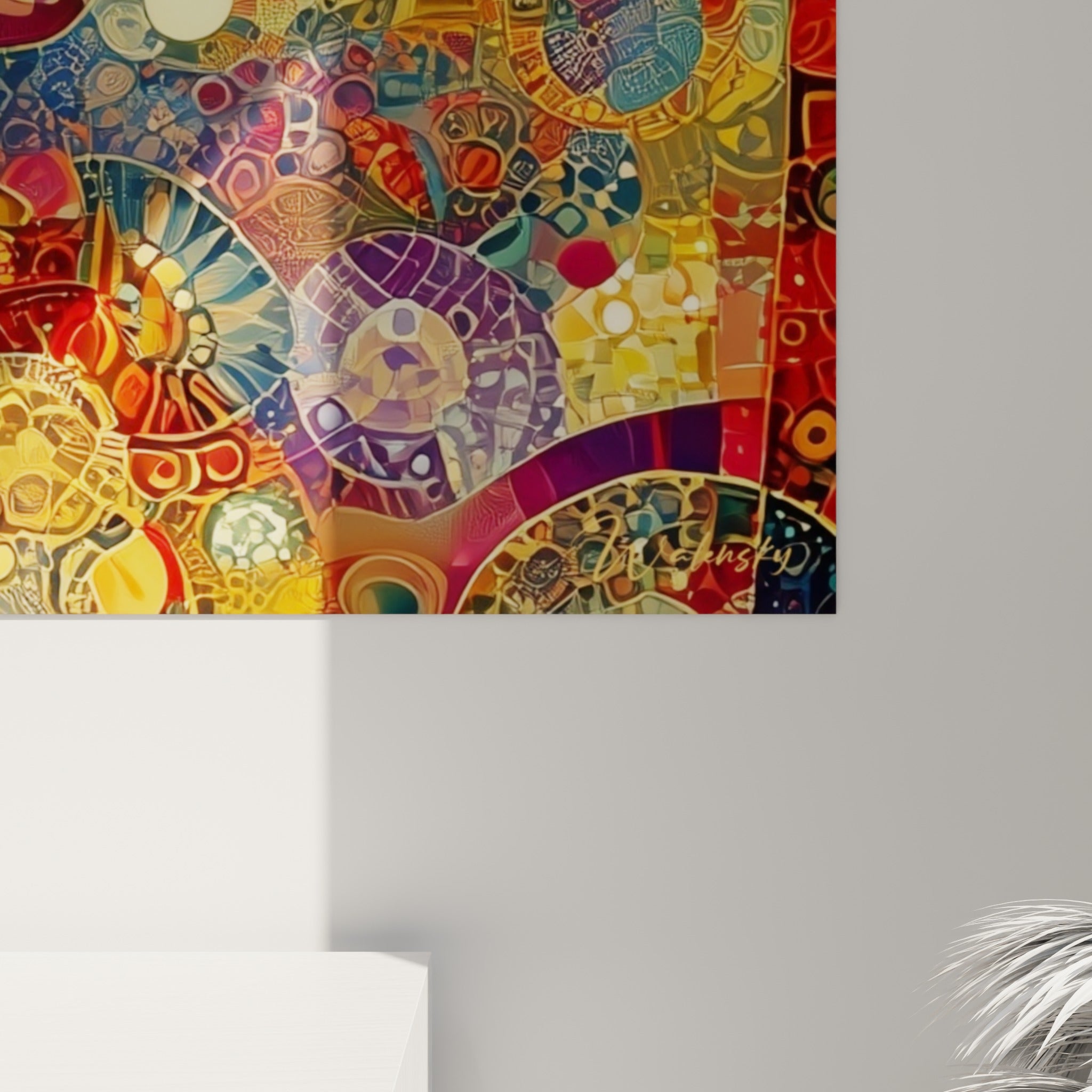Empâtements dorés et rouges du visage de Bouddha, grain mosaïque, coulures bleu pastel visibles de près