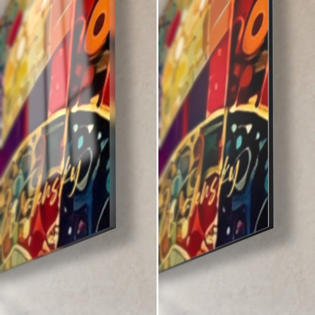 Tableau visage doré en mosaïque, coin bas droit : verre brillant à gauche, Dibond mat à droite, tranche de 3 mm
