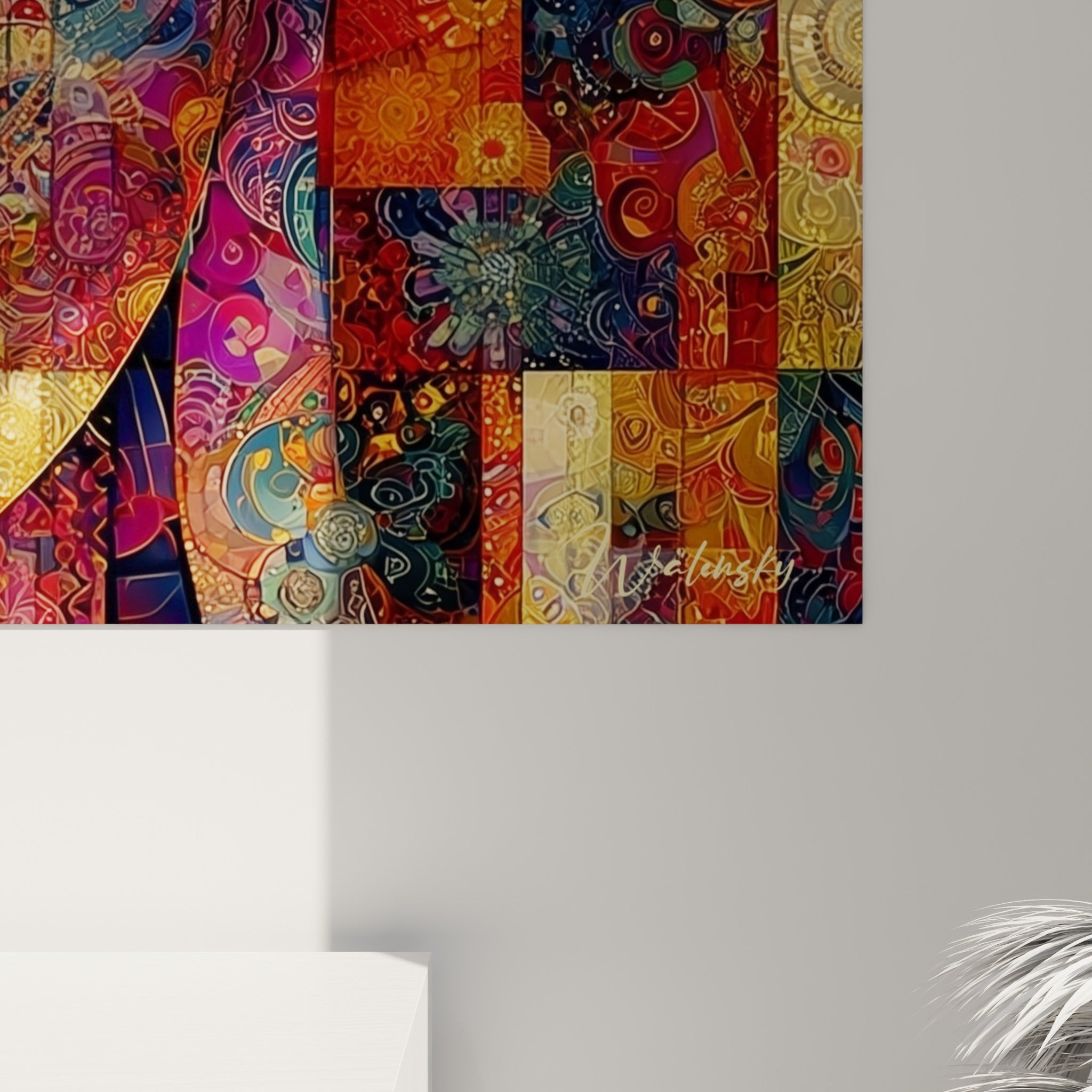 Détails du tableau Bouddha révélant la texture des motifs dorés, rouges et bleu marine sur toile imprimée