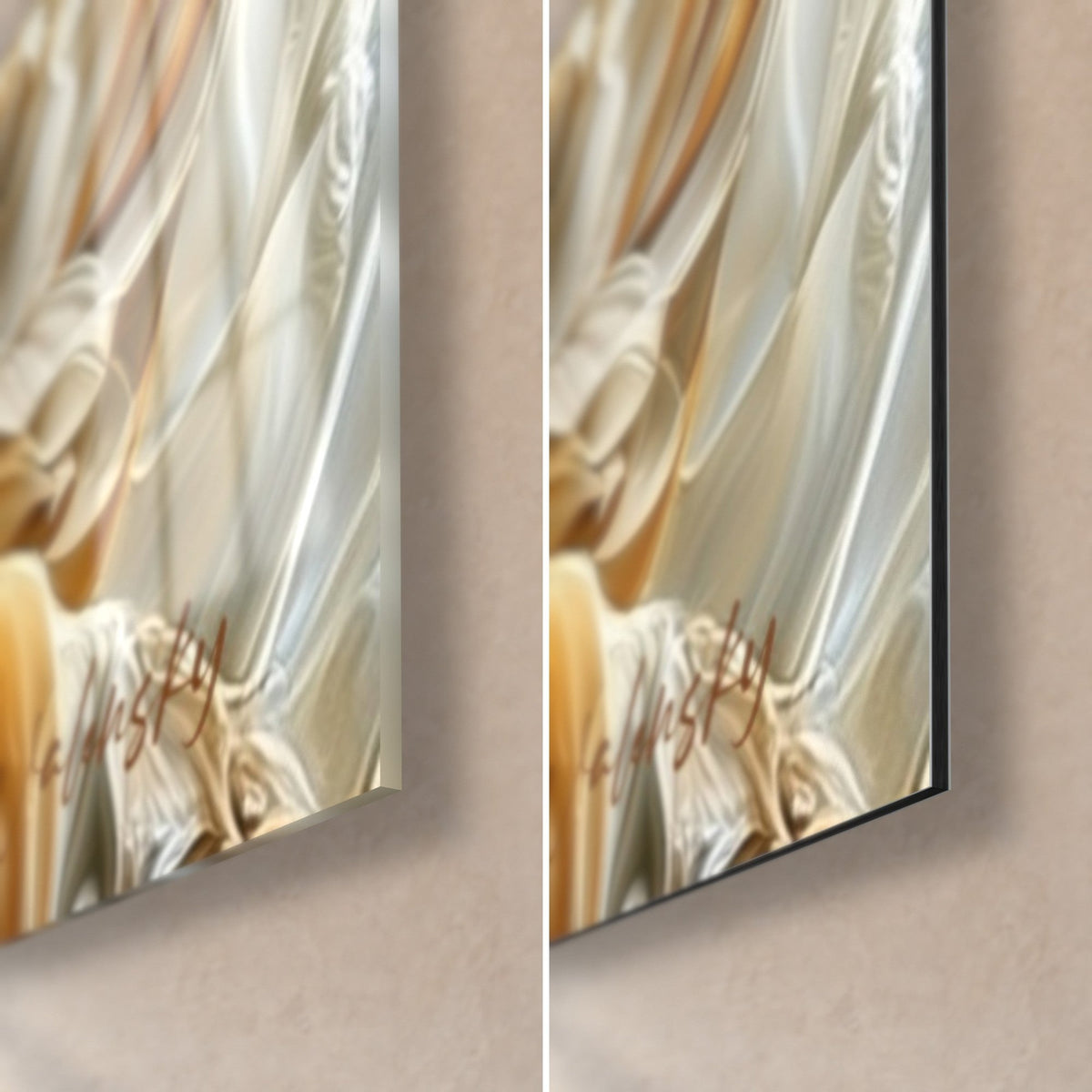 Quadro Buddha con riflessi madreperlacei, angolo in basso a destra: vetro lucido a sinistra, Dibond nero opaco a destra, spessore 3 mm