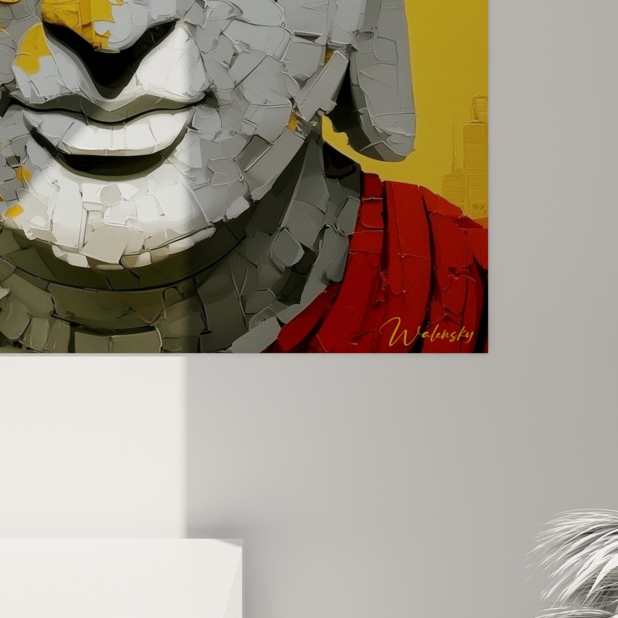 Empâtements épais de gris et jaune sur le front du Bouddha, coulures noires et éclats rouges visibles en gros plan