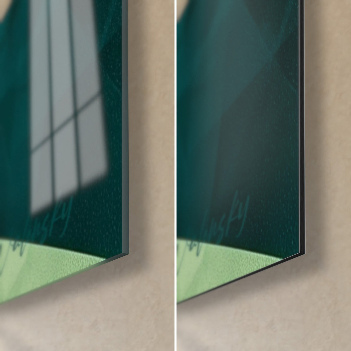 Tableau profil bouddhiste sarcelle, coin bas droit : verre acrylique brillant à gauche, Dibond mat à droite, tranche de 3 mm