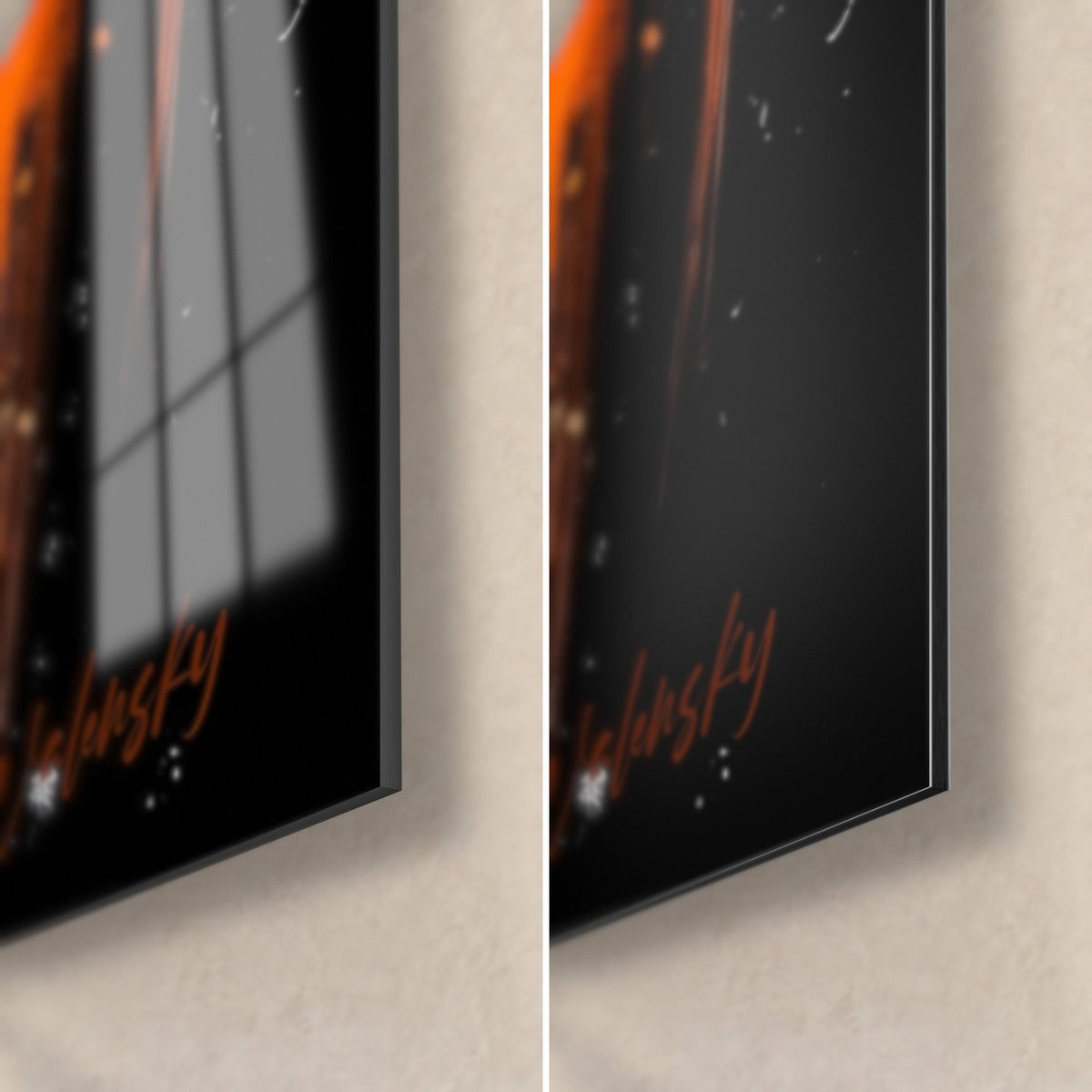 Schilderij paarse en zwarte boeddhistische effigie, rechterbenedenhoek: glanzend glas links, mat Dibond rechts, rand van 3 mm