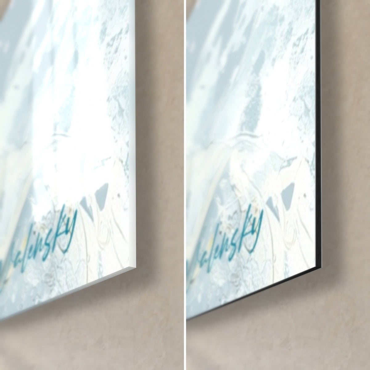 Quadro Buddha in blu e giallo, angolo in basso a destra: vetro acrilico lucido a sinistra, alluminio Dibond nero opaco a destra, bordo da 3 mm