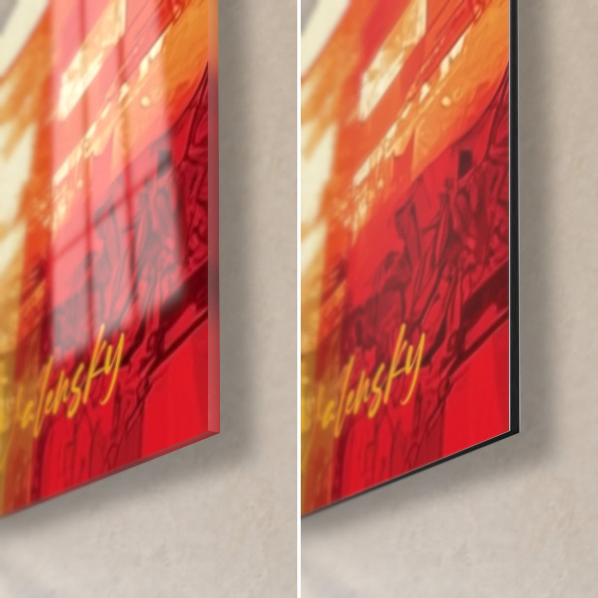 Tableau Bouddha rouge et jaune, coin bas droit : verre acrylique brillant à gauche, alu Dibond mat à droite, tranche 3 mm