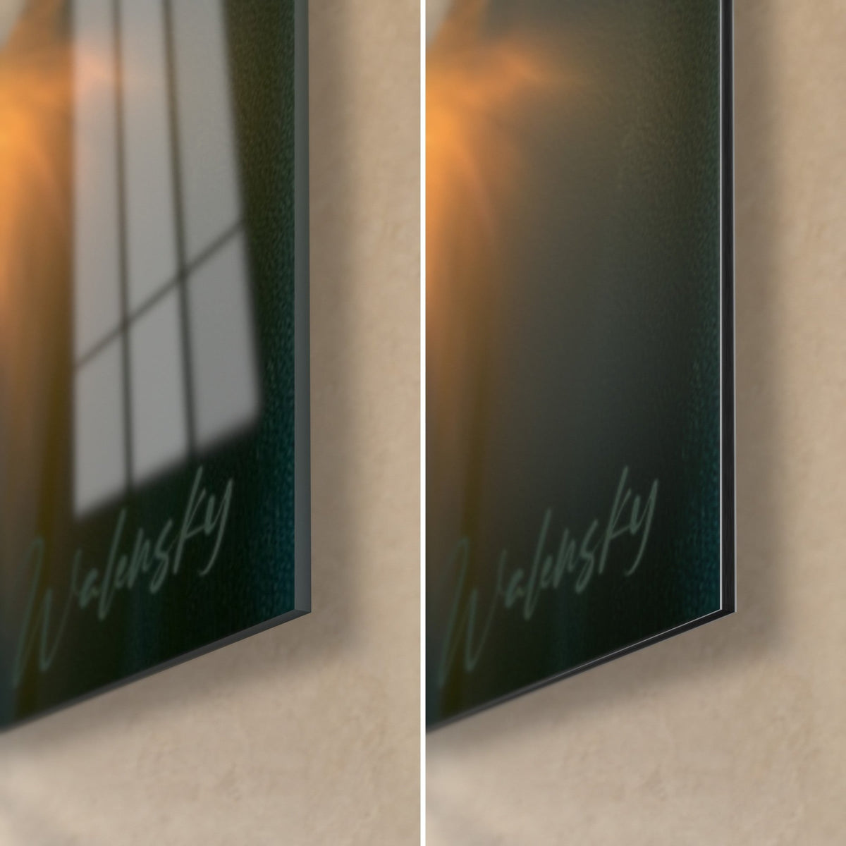 Tableau divinité méditative vert-de-gris, coin bas droit en verre brillant et Dibond mat, signature Walensky, tranche de 3 mm