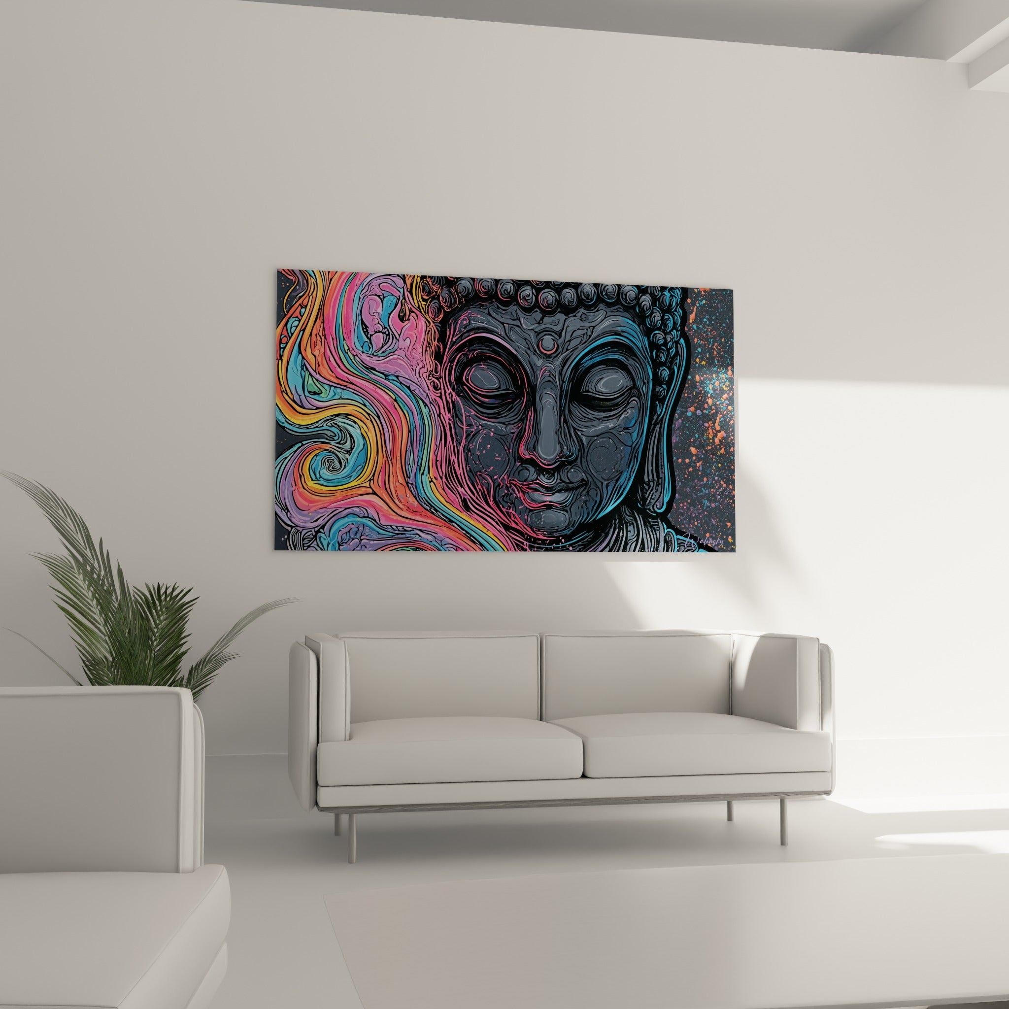 Traits sculptés du Bouddha anthracite baignés de couleurs violettes et bleu pastel, au-dessus d'un canapé dans un salon lumineux