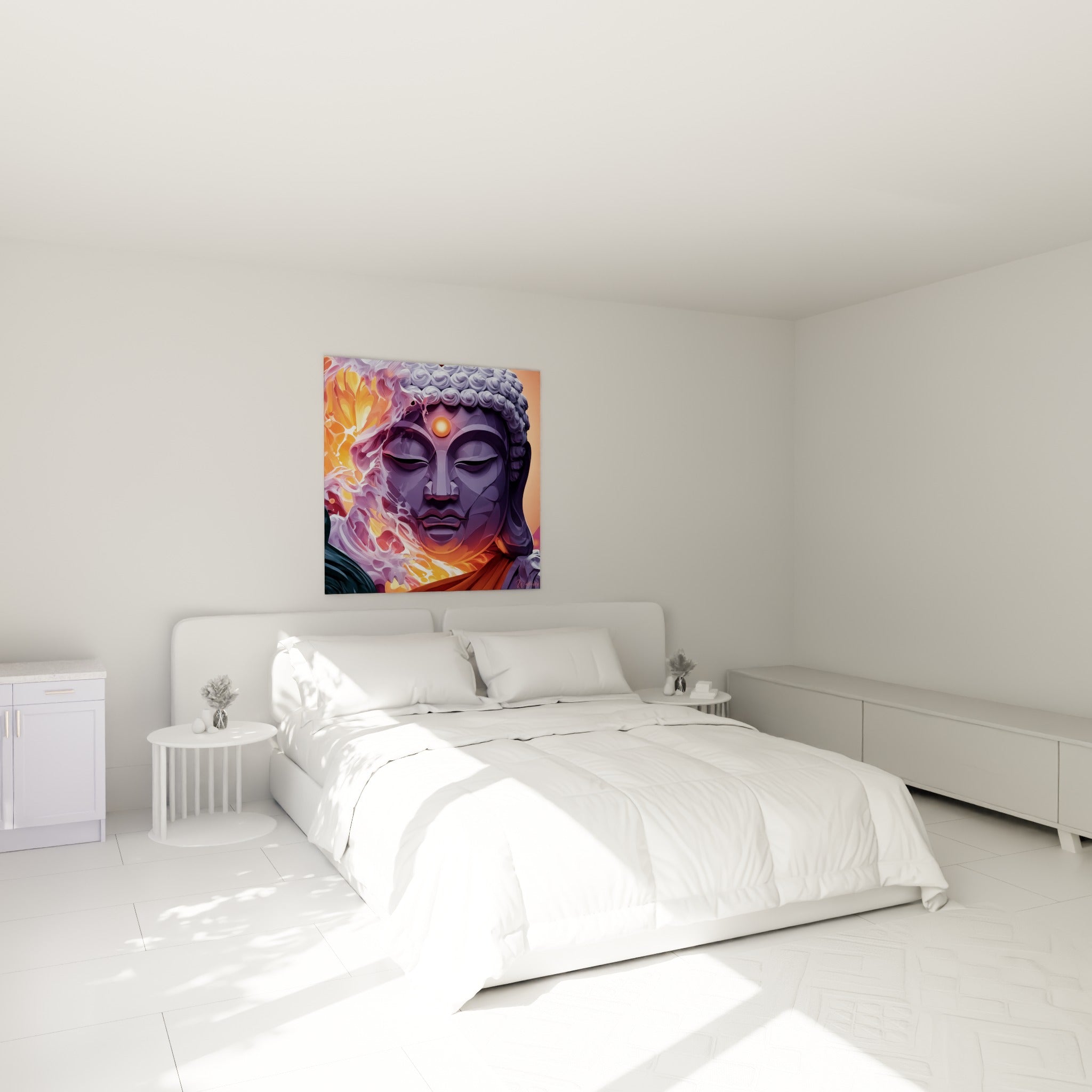 Bouddha violet aux flammes orangées accroché au-dessus d'un lit dans une chambre claire et épurée.