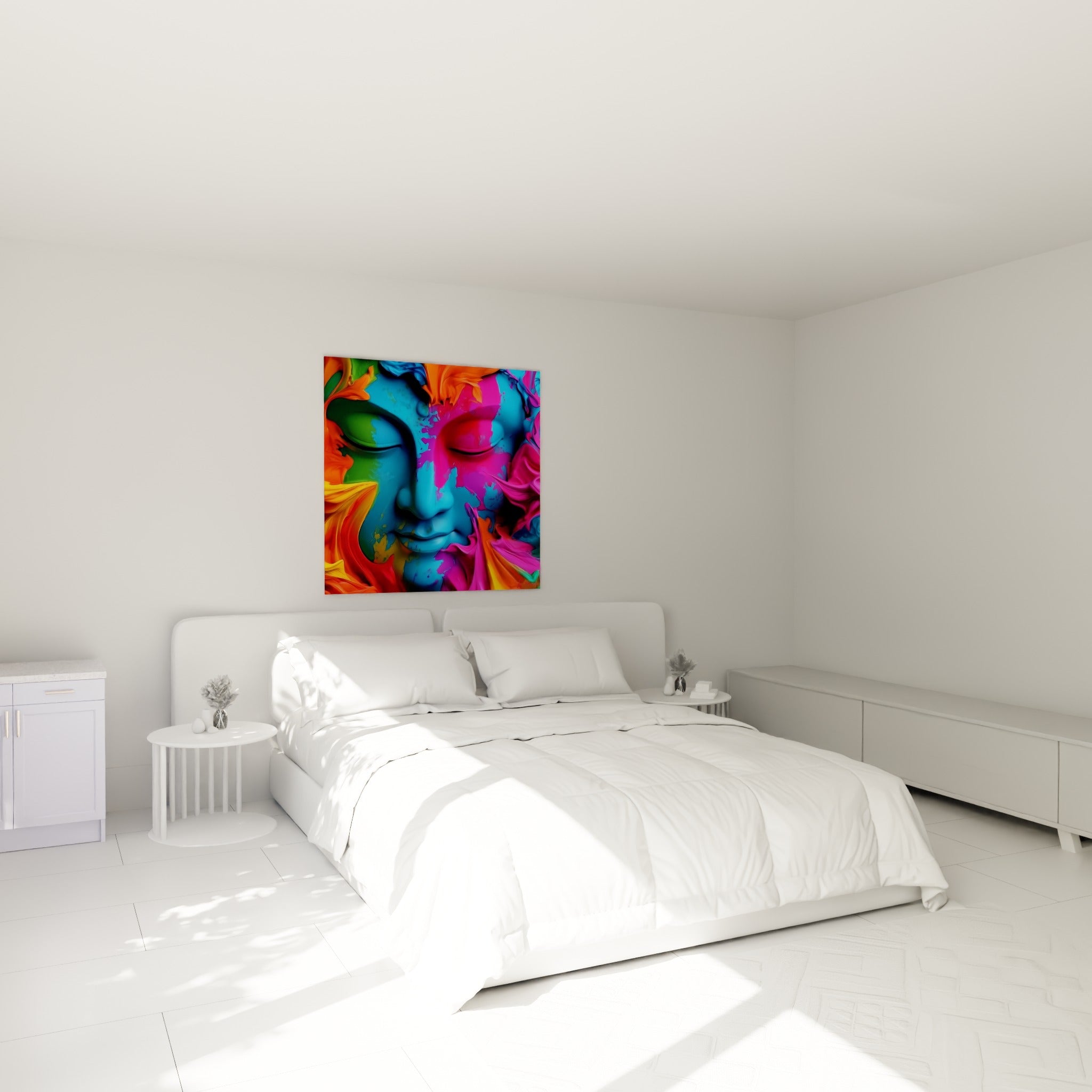 Bouddha bleu et rose fuchsia aux yeux fermés, accroché au-dessus d'un lit dans une chambre claire