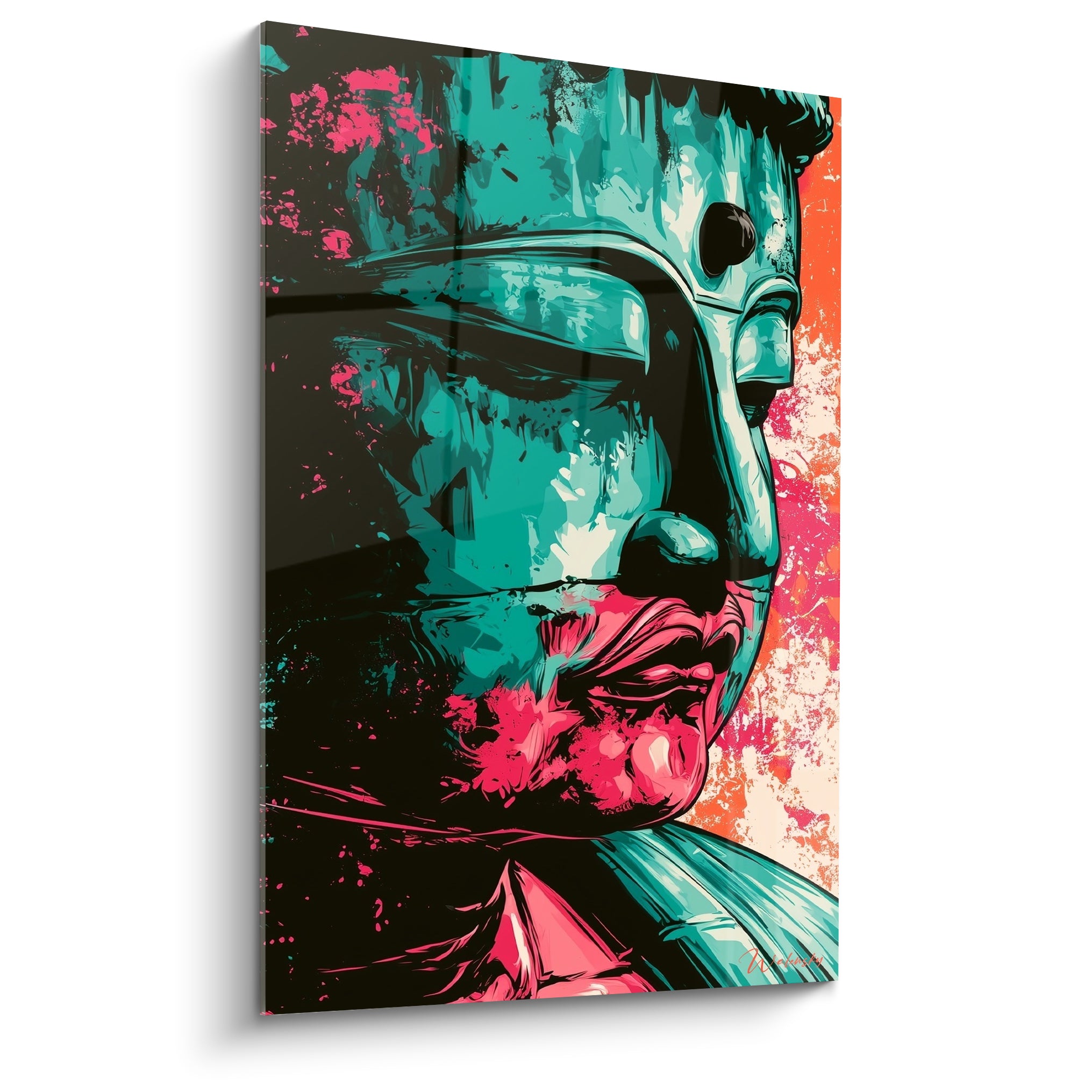 Bouddha en profil turquoise et rose fuchsia, style pop art aux éclaboussures orangées vibrantes