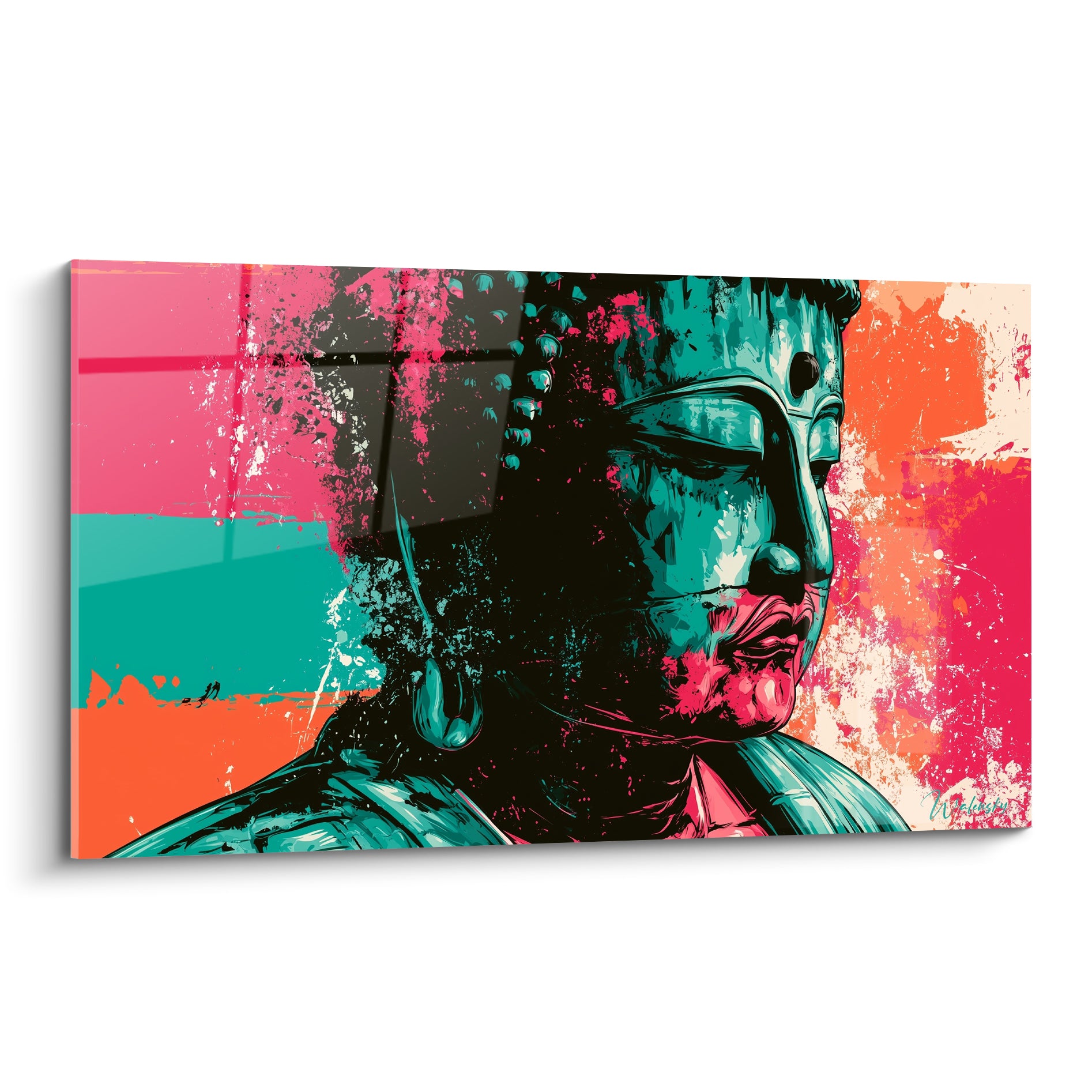Visage de Bouddha en turquoise et rose fuchsia, traitement pictural éclaboussé et graphique