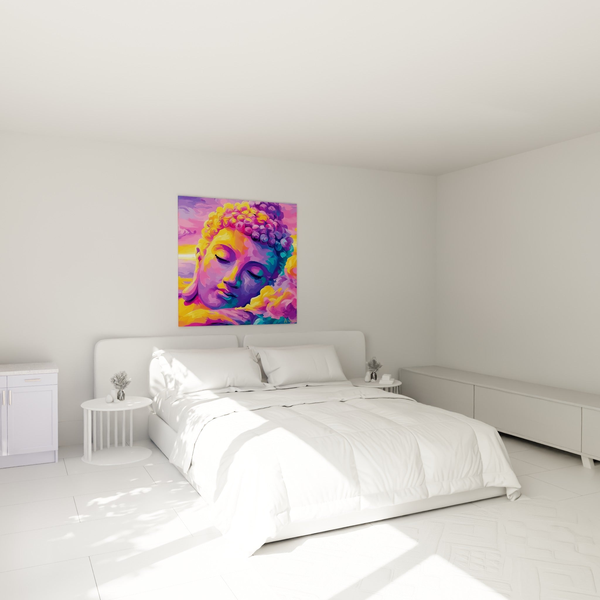 Sérénité du Bouddha doré et turquoise, visage méditatif au-dessus d'un lit dans une chambre claire